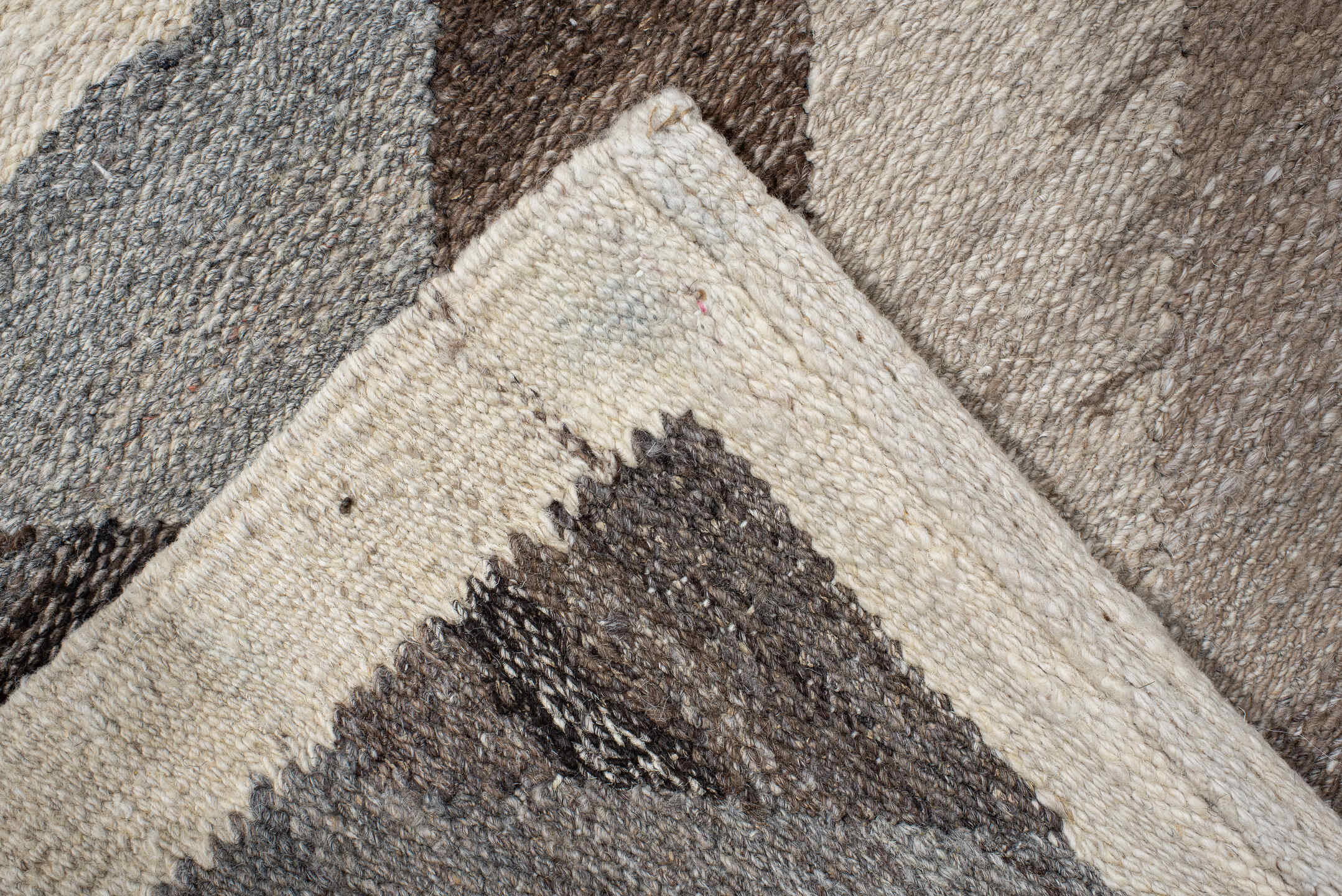 3' x 12' one-of-a-kind handmade vintage Kilim runner rug. Color palette: brown, dim gray, gray, light gray, off-white