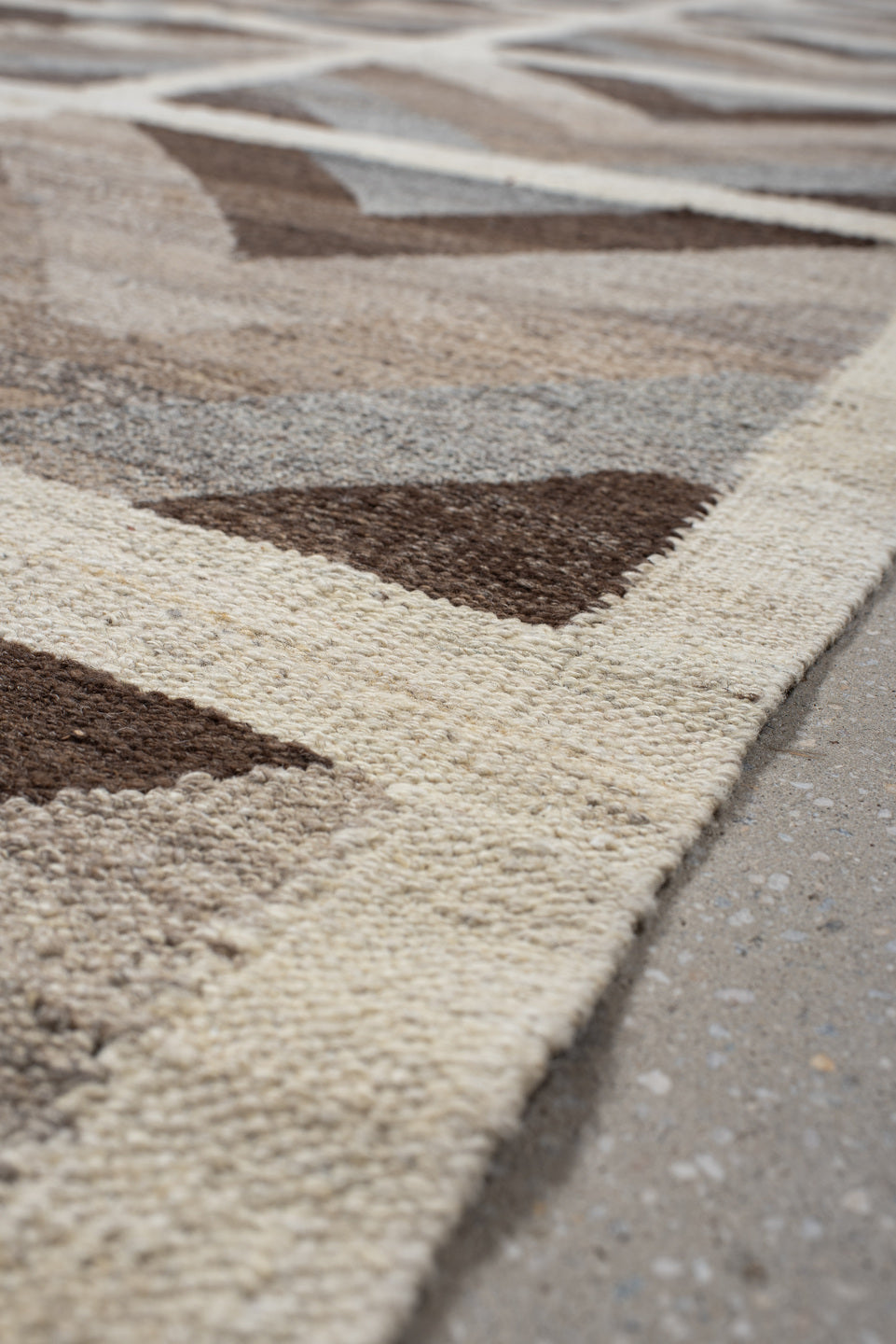 3' x 12' one-of-a-kind handmade vintage Kilim runner rug. Color palette: brown, dim gray, gray, light gray, off-white