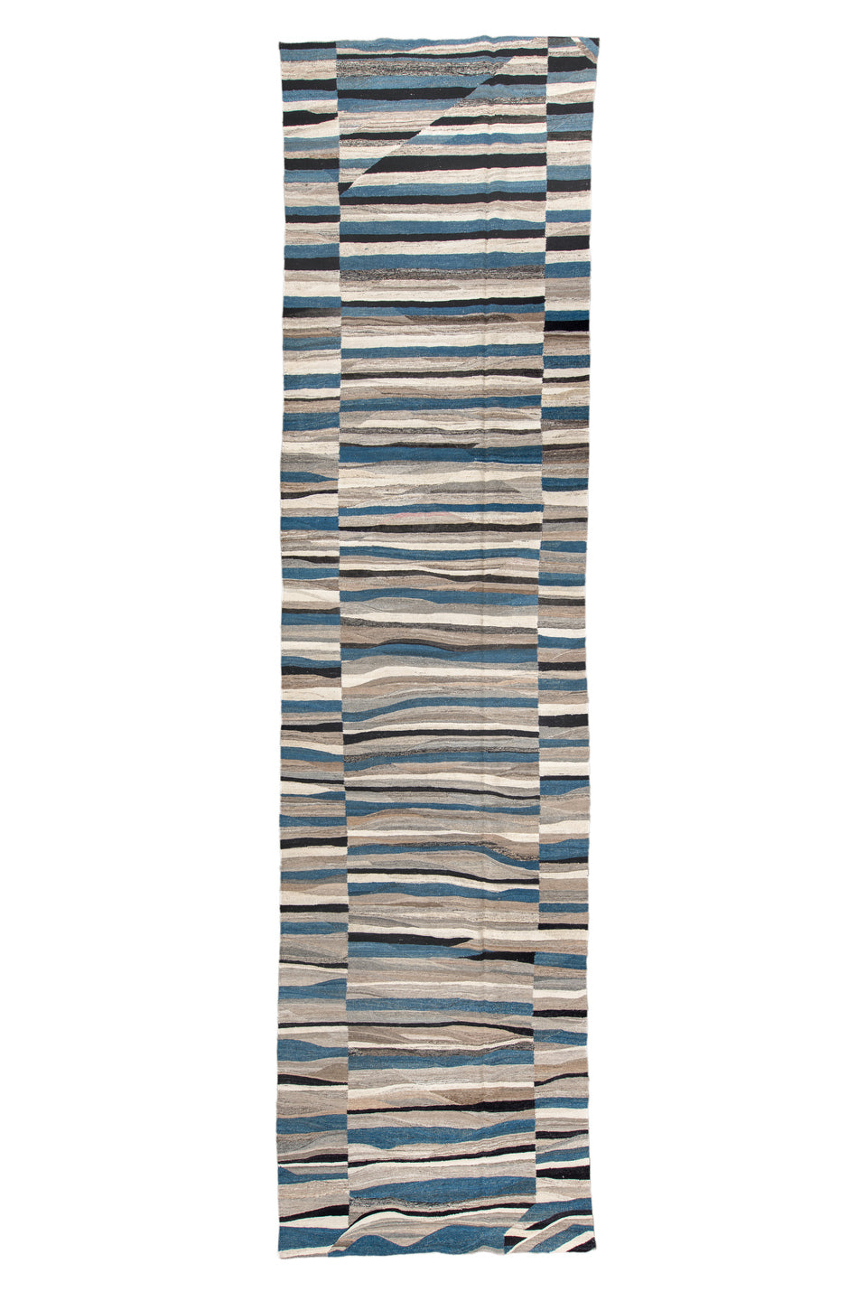 4' x 19' one-of-a-kind handmade vintage Kilim runner rug. Color palette: black, blue, charcoal, dim gray, gray, light gray