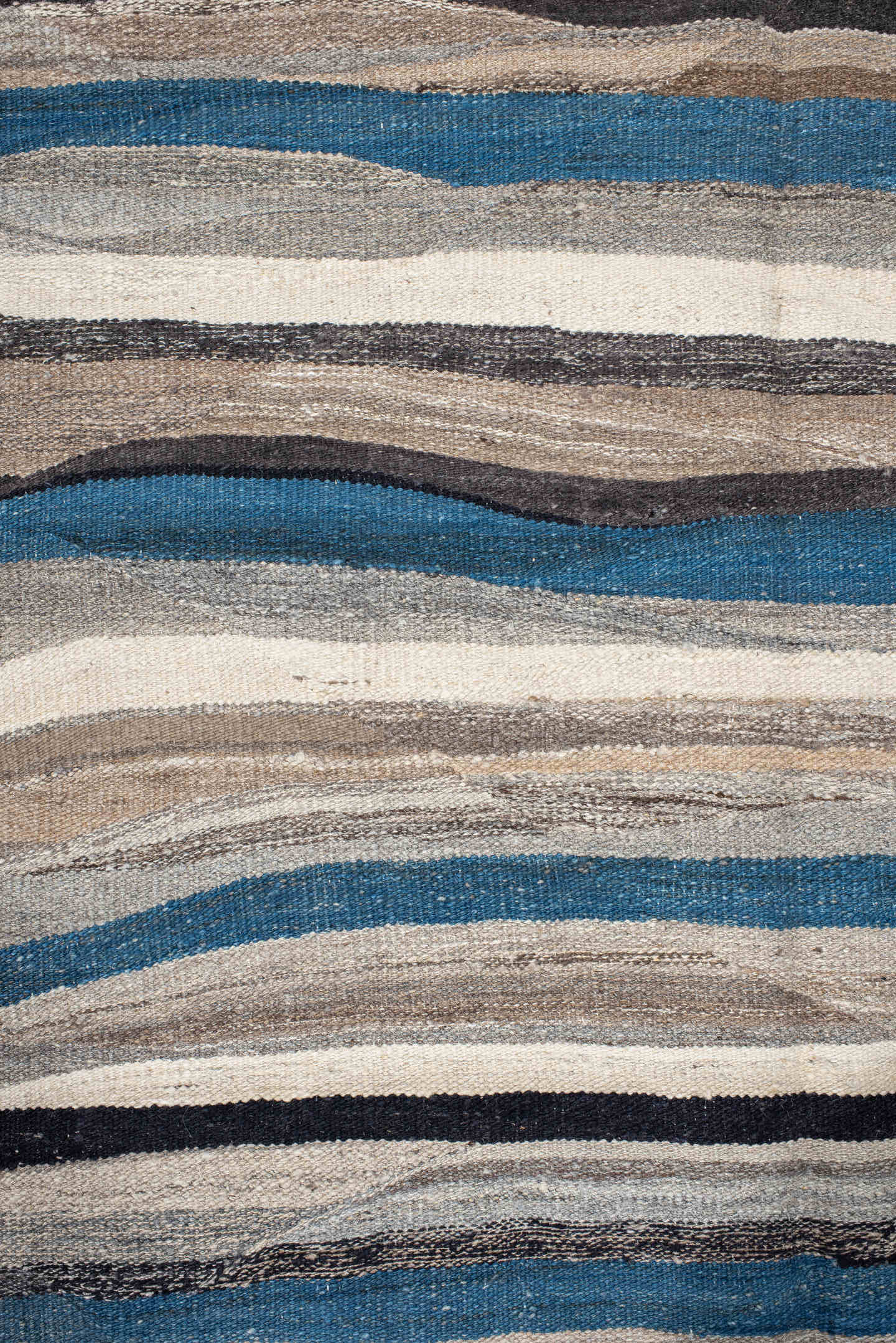 4' x 19' one-of-a-kind handmade vintage Kilim runner rug. Color palette: ivory, blue, gray, charcoal, taupe, black, beige