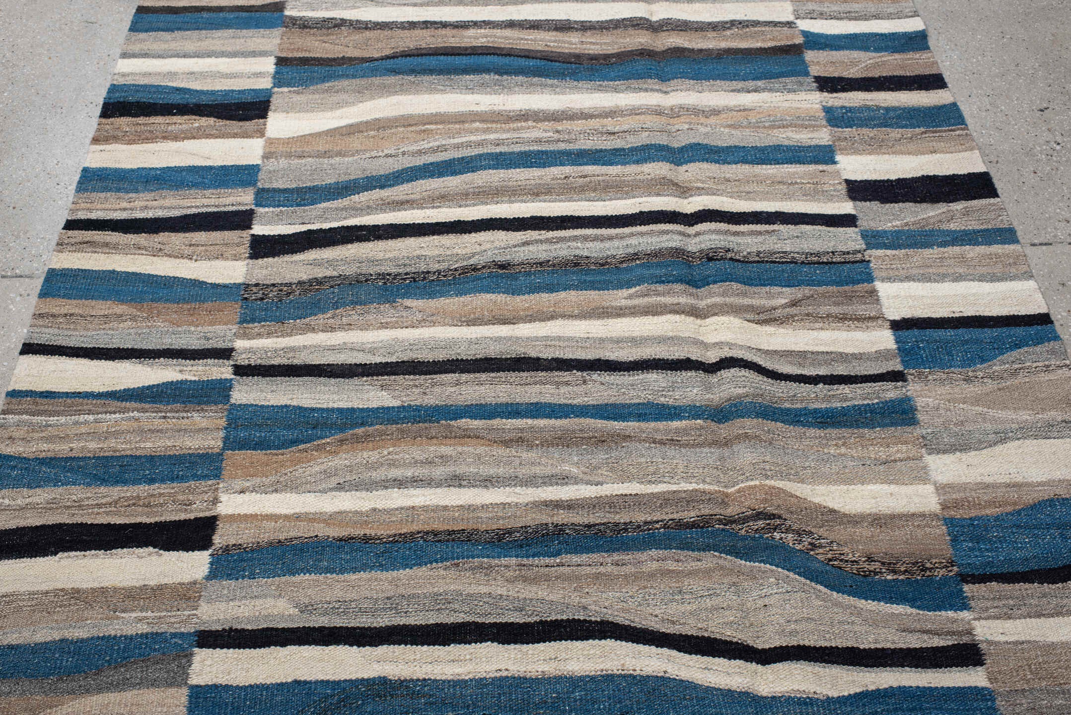 4' x 19' one-of-a-kind handmade vintage Kilim runner rug. Color palette: ivory, blue, gray, charcoal, taupe, black, beige