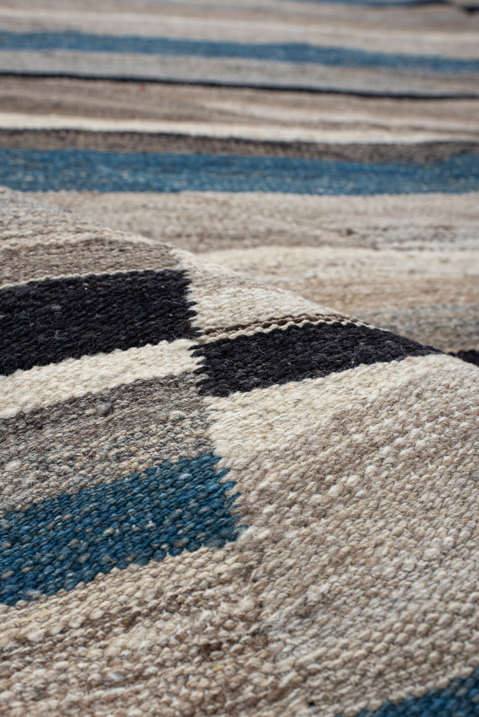 4' x 19' one-of-a-kind handmade vintage Kilim runner rug. Color palette: ivory, blue, gray, charcoal, taupe, black, beige