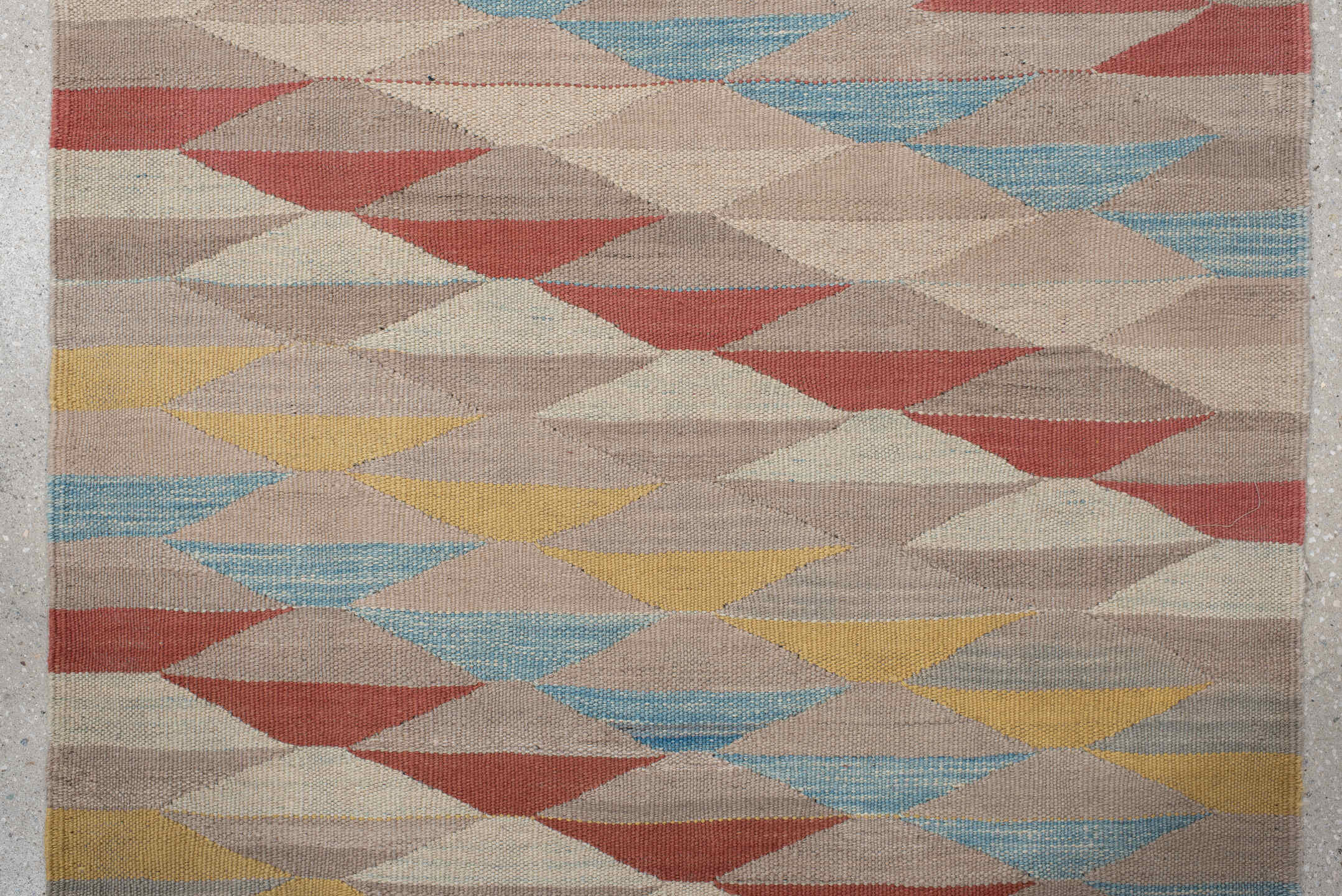 2' x 12' one-of-a-kind handmade vintage Kilim runner rug. Color palette: taupe, ivory, rust, sky blue, sage, gold, rose