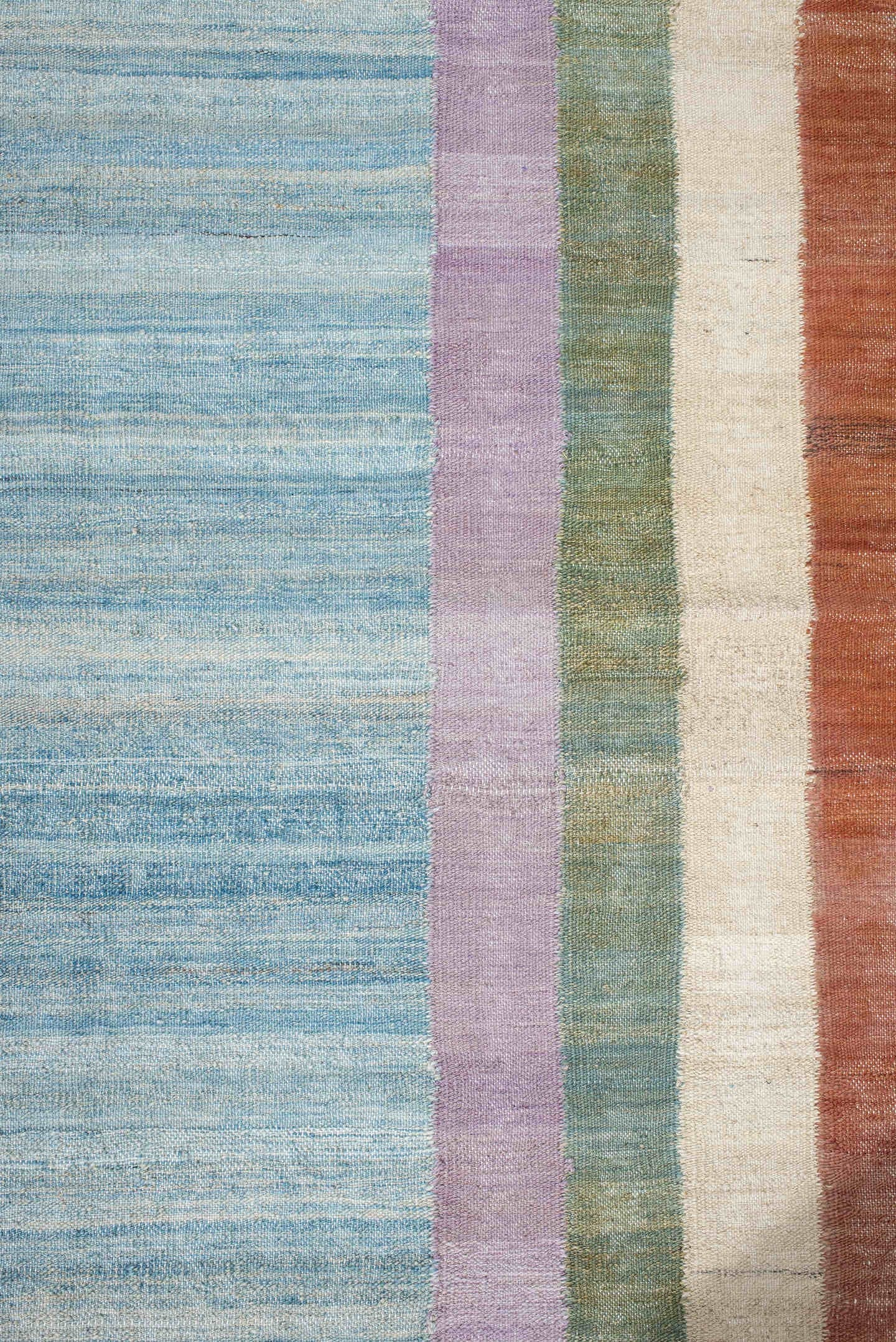 2' x 9' one-of-a-kind handmade vintage Kilim runner rug. Color palette: sky blue, rust, ivory, sage, lavender, beige