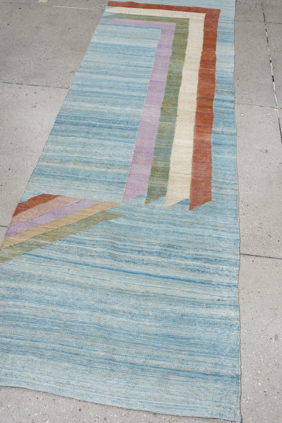 2' x 9' one-of-a-kind handmade vintage Kilim runner rug. Color palette: sky blue, rust, ivory, sage, lavender, beige