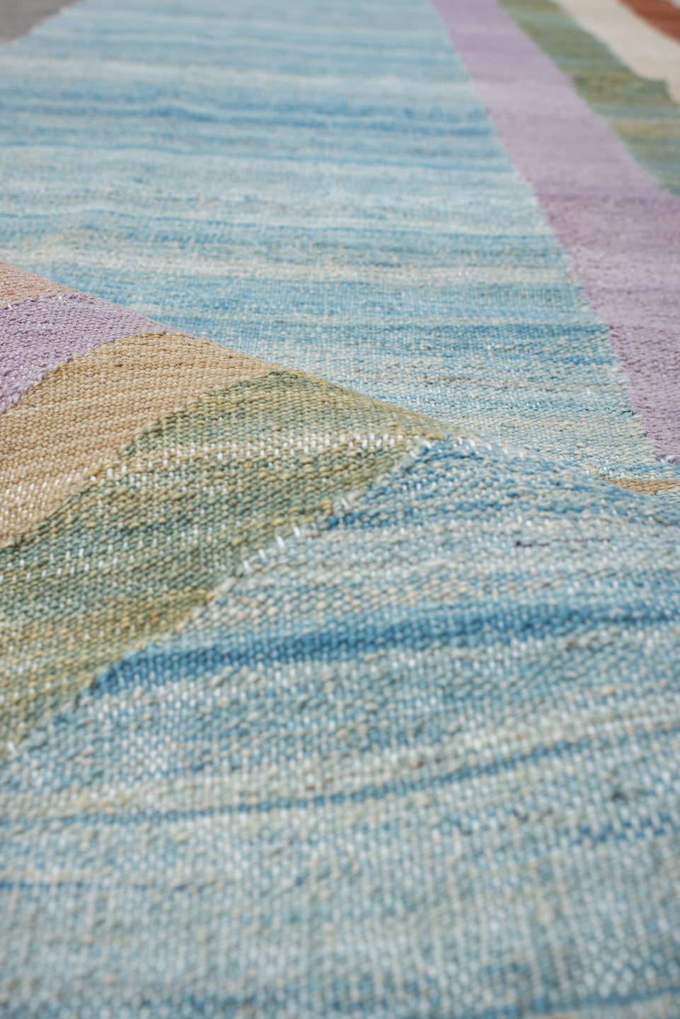 2' x 9' one-of-a-kind handmade vintage Kilim runner rug. Color palette: sky blue, rust, ivory, sage, lavender, beige