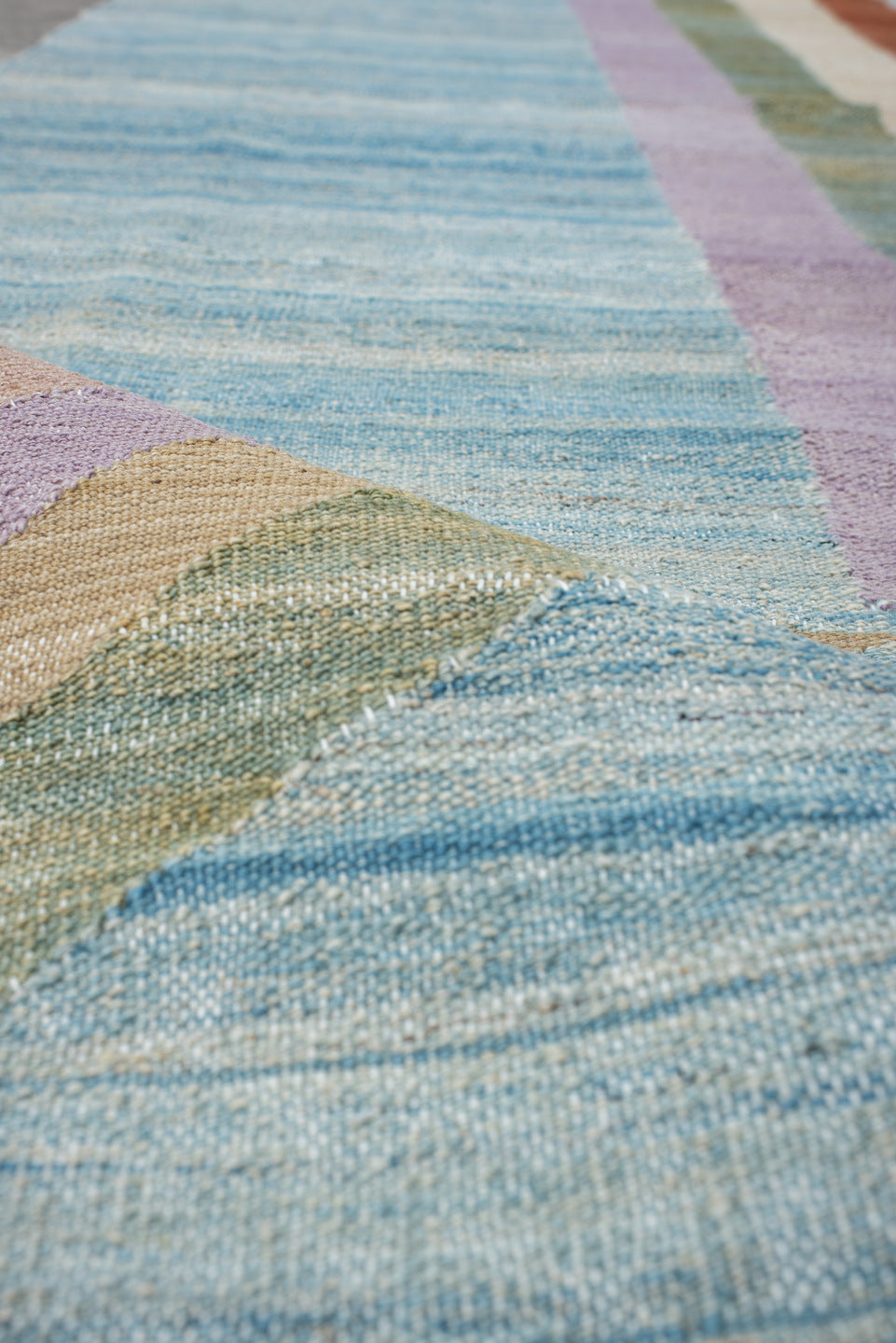 2' x 9' one-of-a-kind handmade vintage Kilim runner rug. Color palette: sky blue, rust, ivory, sage, lavender, beige
