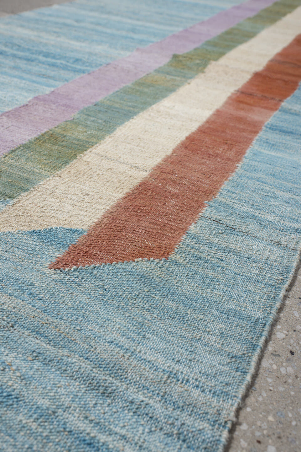 2' x 9' one-of-a-kind handmade vintage Kilim runner rug. Color palette: sky blue, rust, ivory, sage, lavender, beige