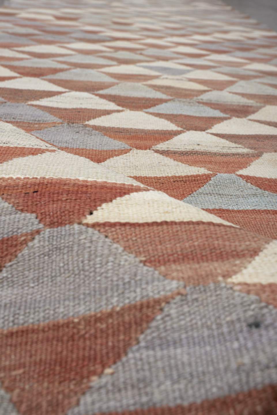 2' x 10' one-of-a-kind handmade vintage Kilim runner rug. Color palette: taupe, ivory, slate, terra cotta, camel, gray