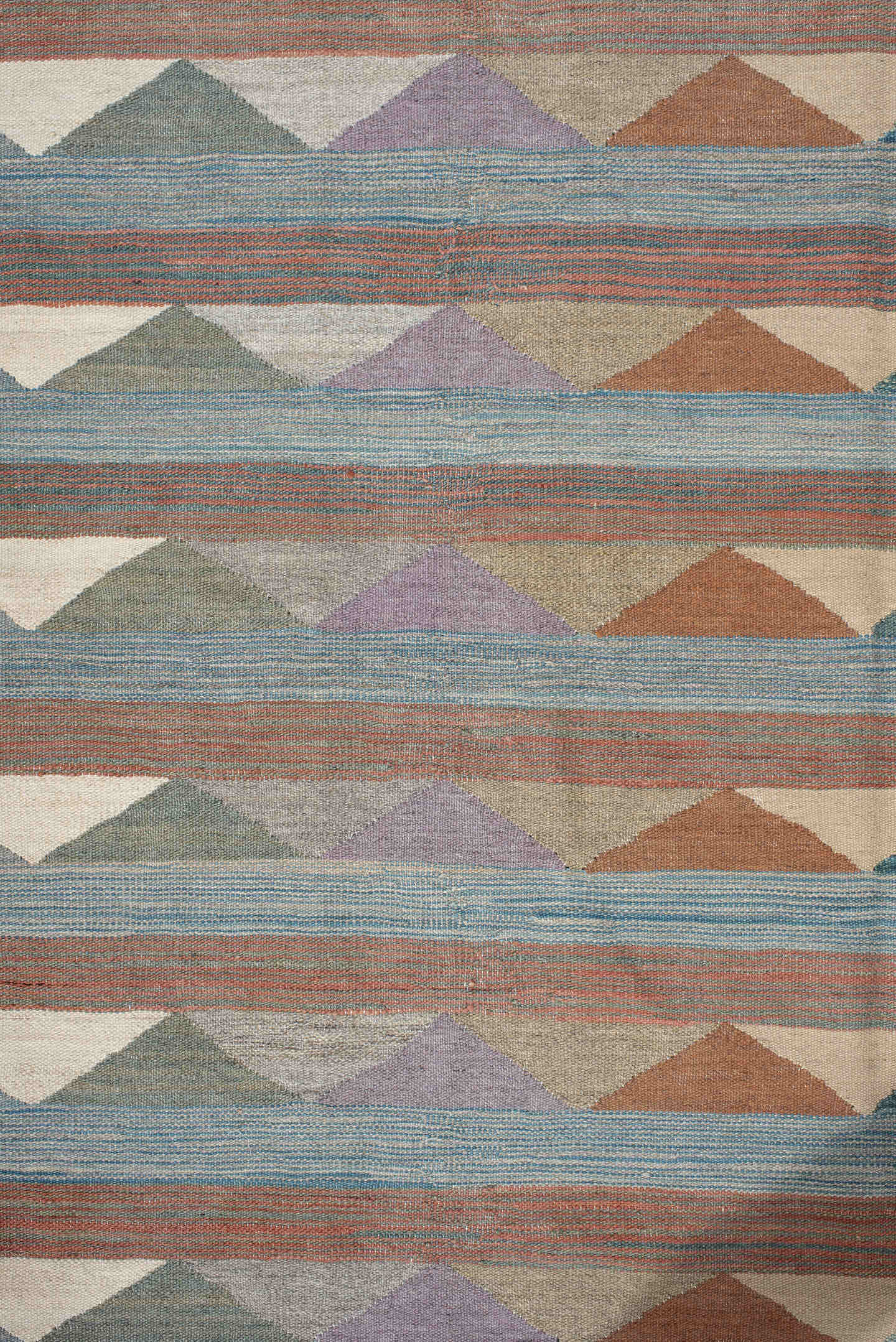 3' x 9' one-of-a-kind handmade vintage Kilim runner rug. Color palette: sky blue, taupe, terra cotta, ivory, sage, lavender