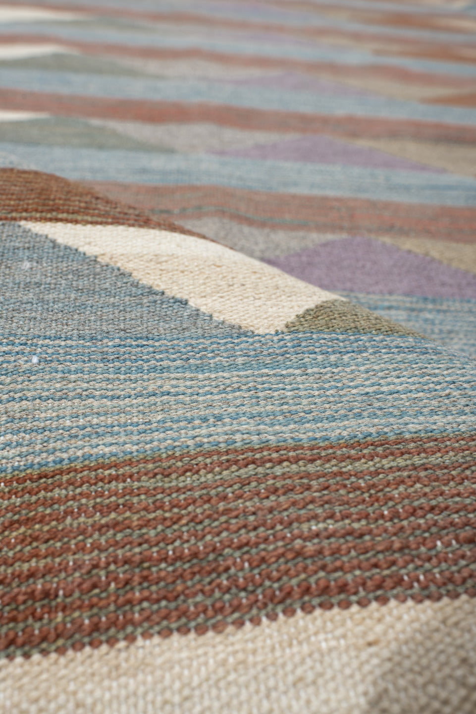 3' x 9' one-of-a-kind handmade vintage Kilim runner rug. Color palette: sky blue, taupe, terra cotta, ivory, sage, lavender