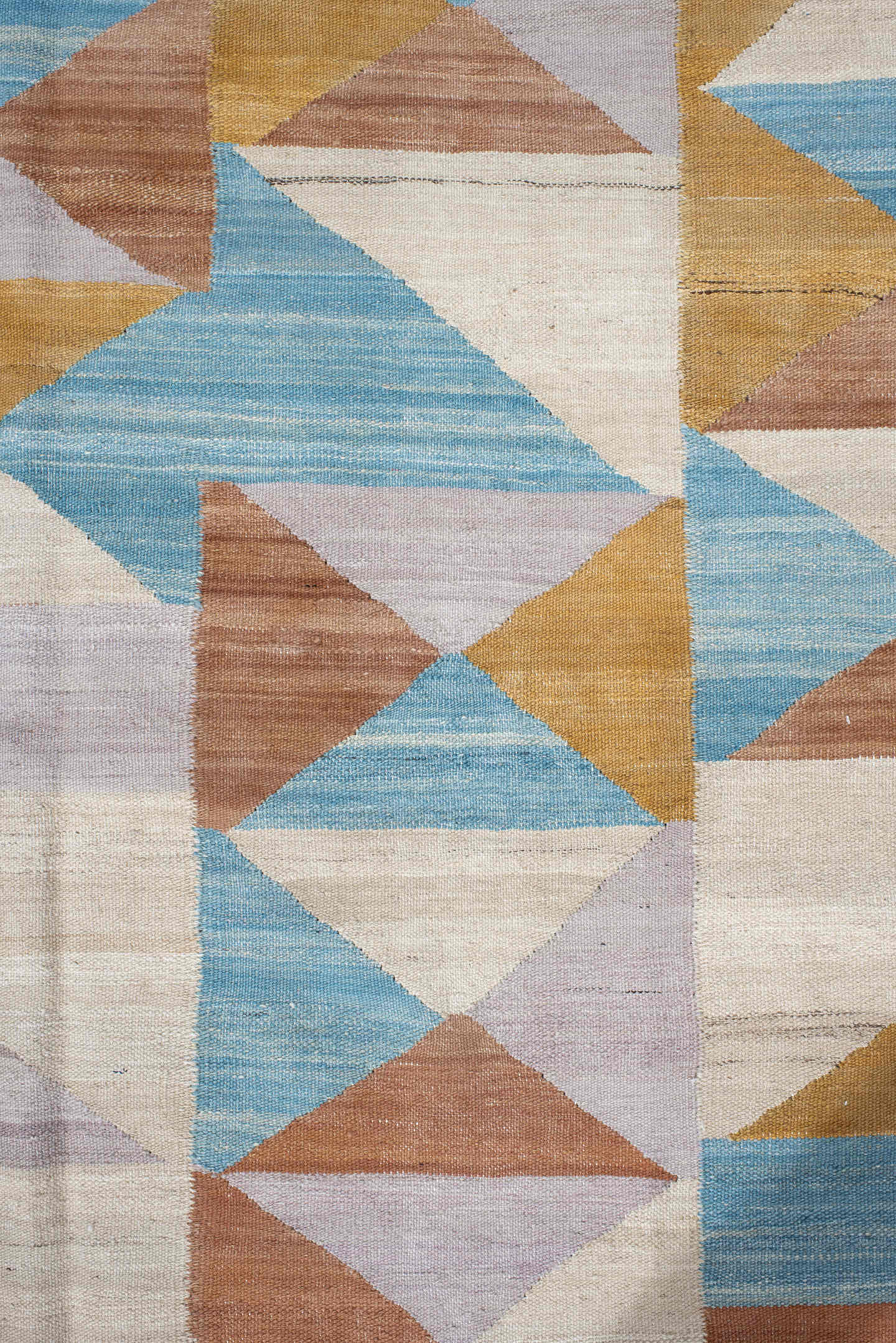3' x 9' one-of-a-kind handmade vintage Kilim runner rug. Color palette: ivory, sky blue, camel, rose, lavender, tan