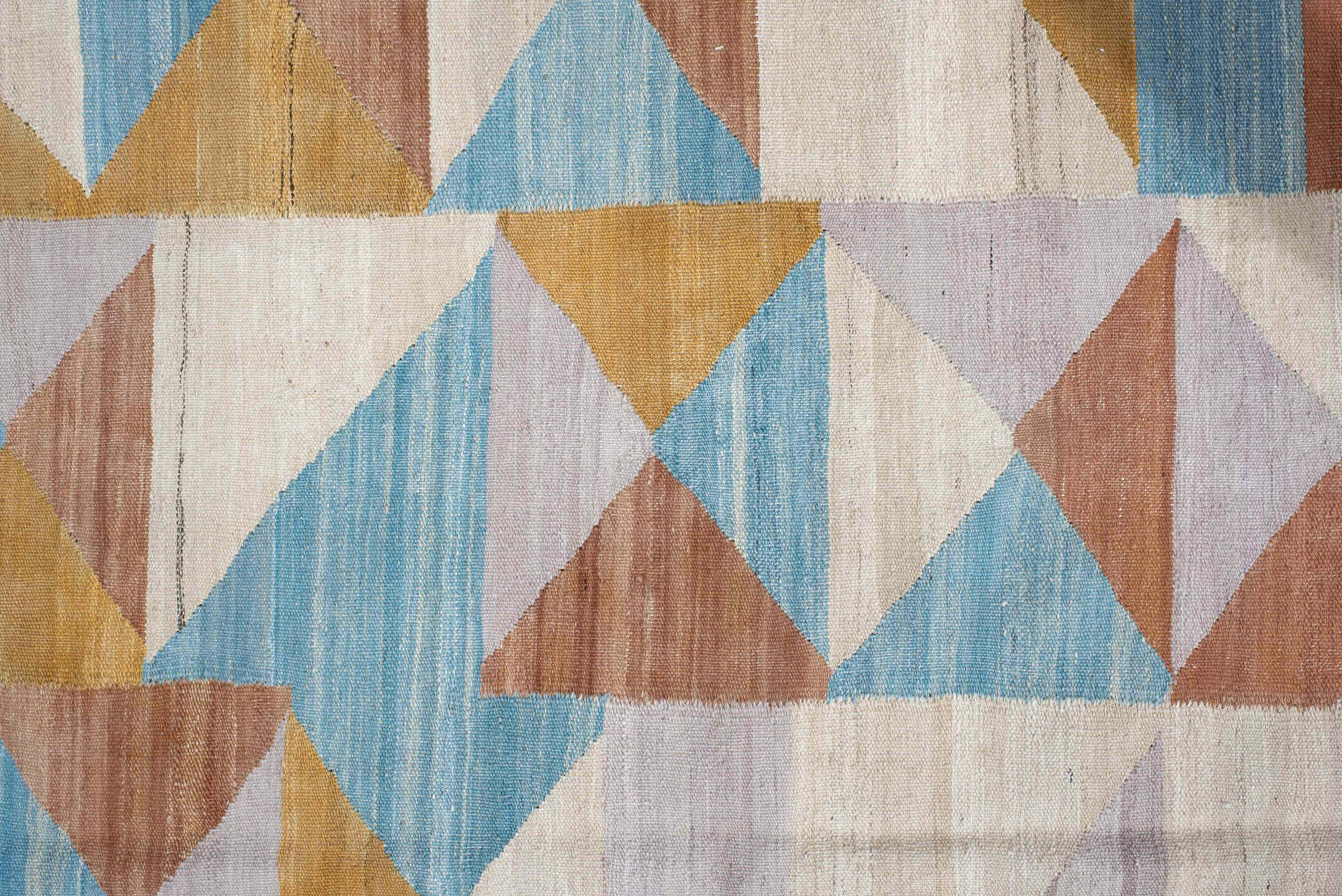 3' x 9' one-of-a-kind handmade vintage Kilim runner rug. Color palette: light gray, off-white, gray, pink, blue, brown