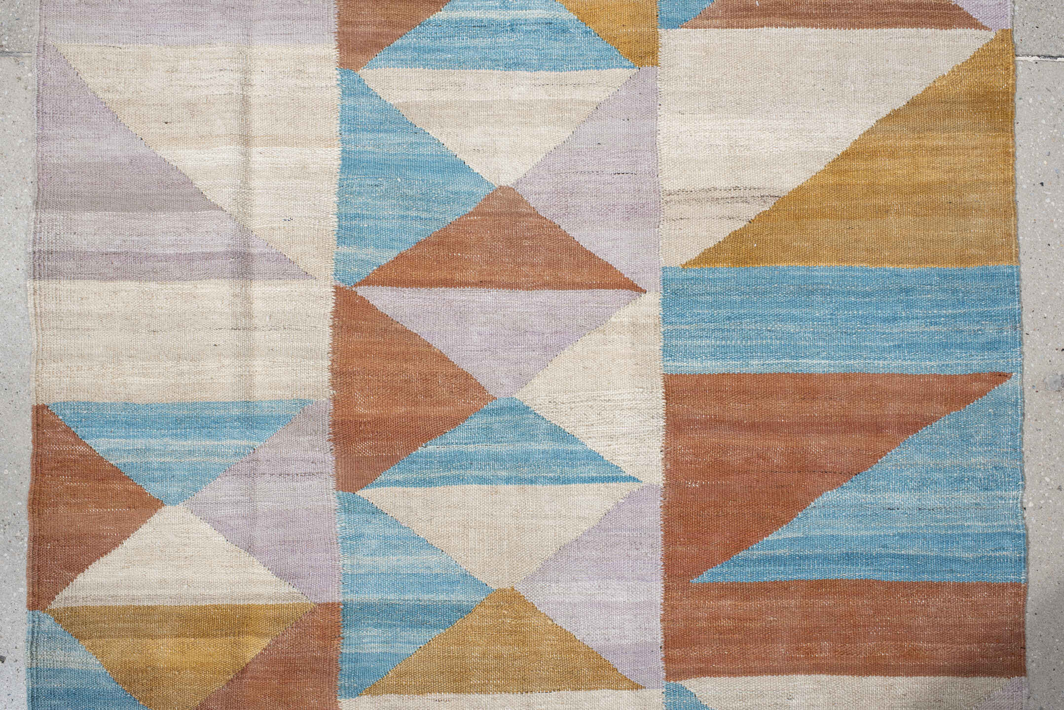 3' x 9' one-of-a-kind handmade vintage Kilim runner rug. Color palette: ivory, sky blue, camel, rose, lavender, tan