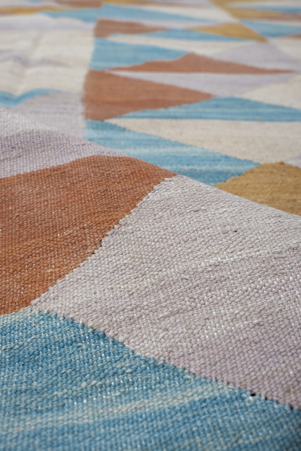 3' x 9' one-of-a-kind handmade vintage Kilim runner rug. Color palette: ivory, sky blue, camel, rose, lavender, tan