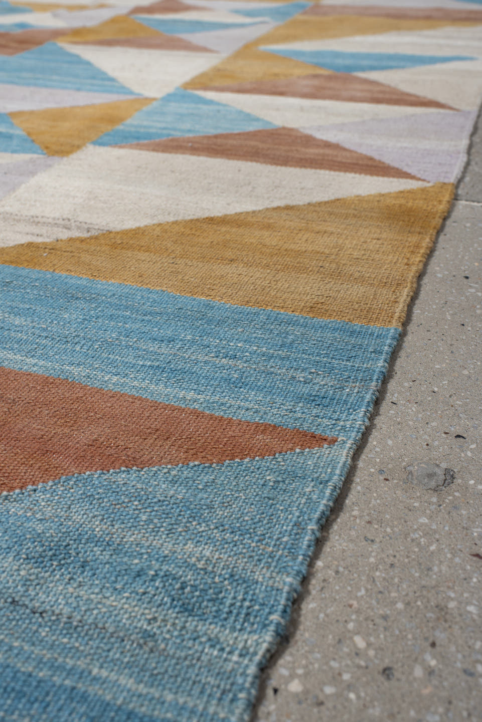 3' x 9' one-of-a-kind handmade vintage Kilim runner rug. Color palette: ivory, sky blue, camel, rose, lavender, tan