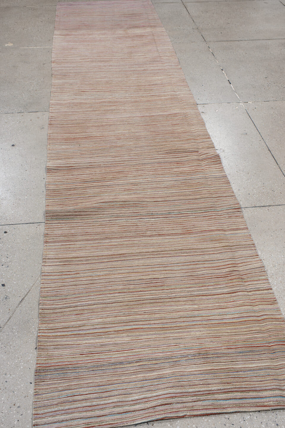 2' x 12' one-of-a-kind handmade vintage Kilim runner rug. Color palette: ivory, rust, slate, muted blue, taupe, terracotta