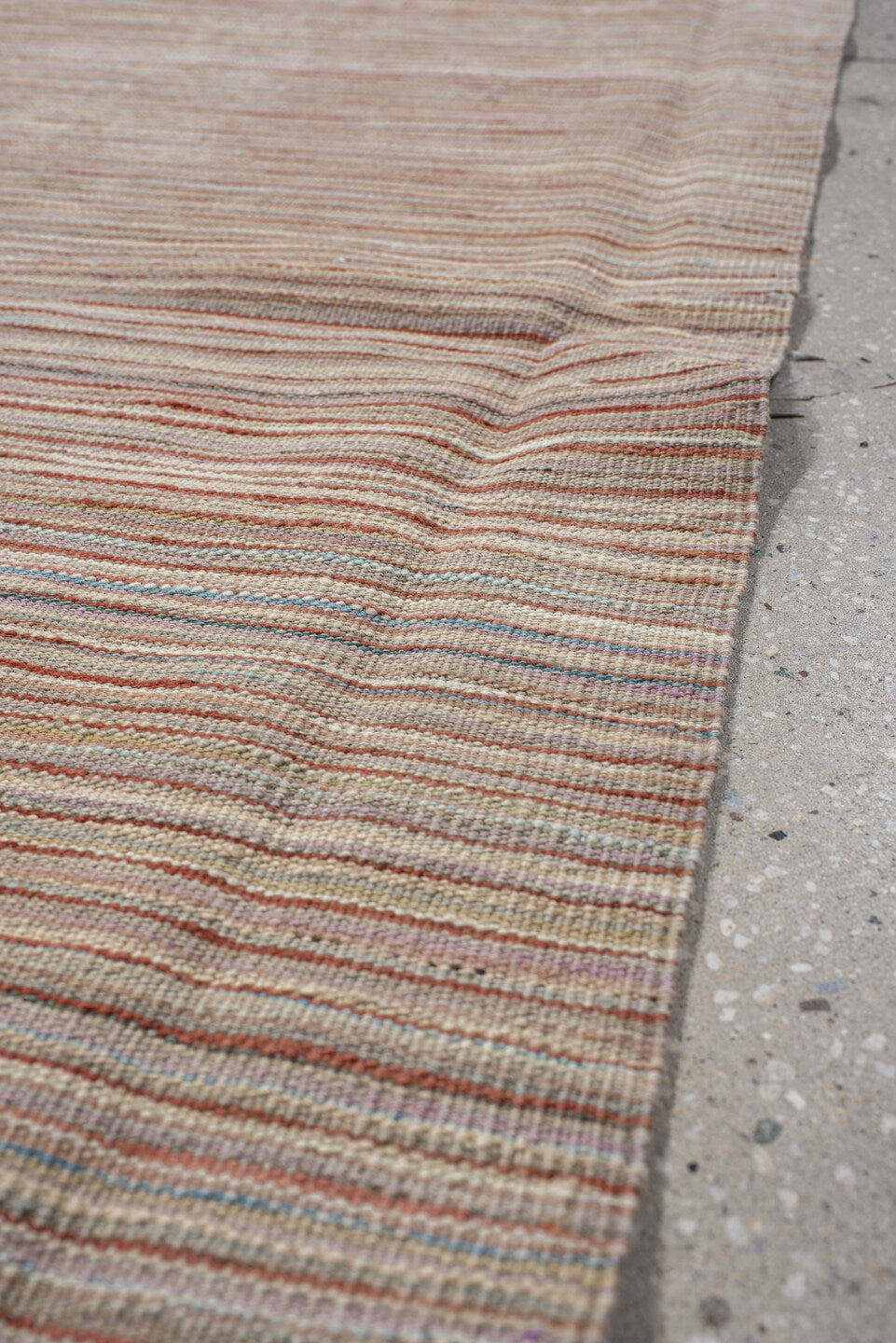 2' x 12' one-of-a-kind handmade vintage Kilim runner rug. Color palette: ivory, rust, slate, muted blue, taupe, terracotta