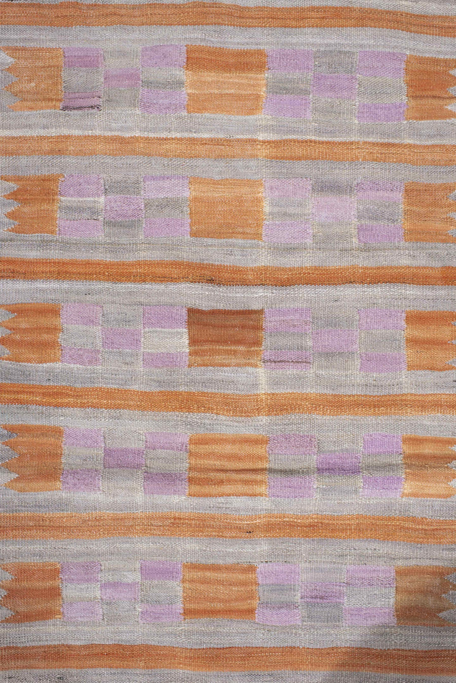 2' x 9' one-of-a-kind handmade vintage Kilim runner rug. Color palette: gray, peach, lavender, taupe, terracotta, pink