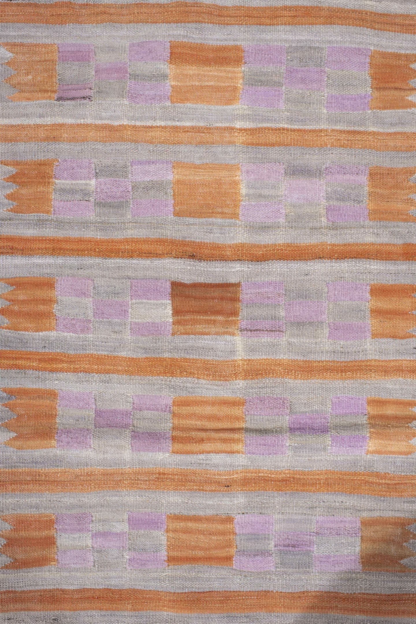 2' x 9' one-of-a-kind handmade vintage Kilim runner rug. Color palette: gray, peach, lavender, taupe, terracotta, pink