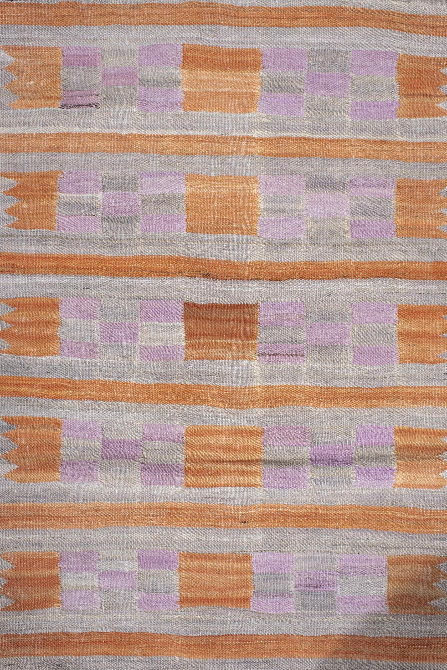 2' x 9' one-of-a-kind handmade vintage Kilim runner rug. Color palette: gray, peach, lavender, taupe, terracotta, pink