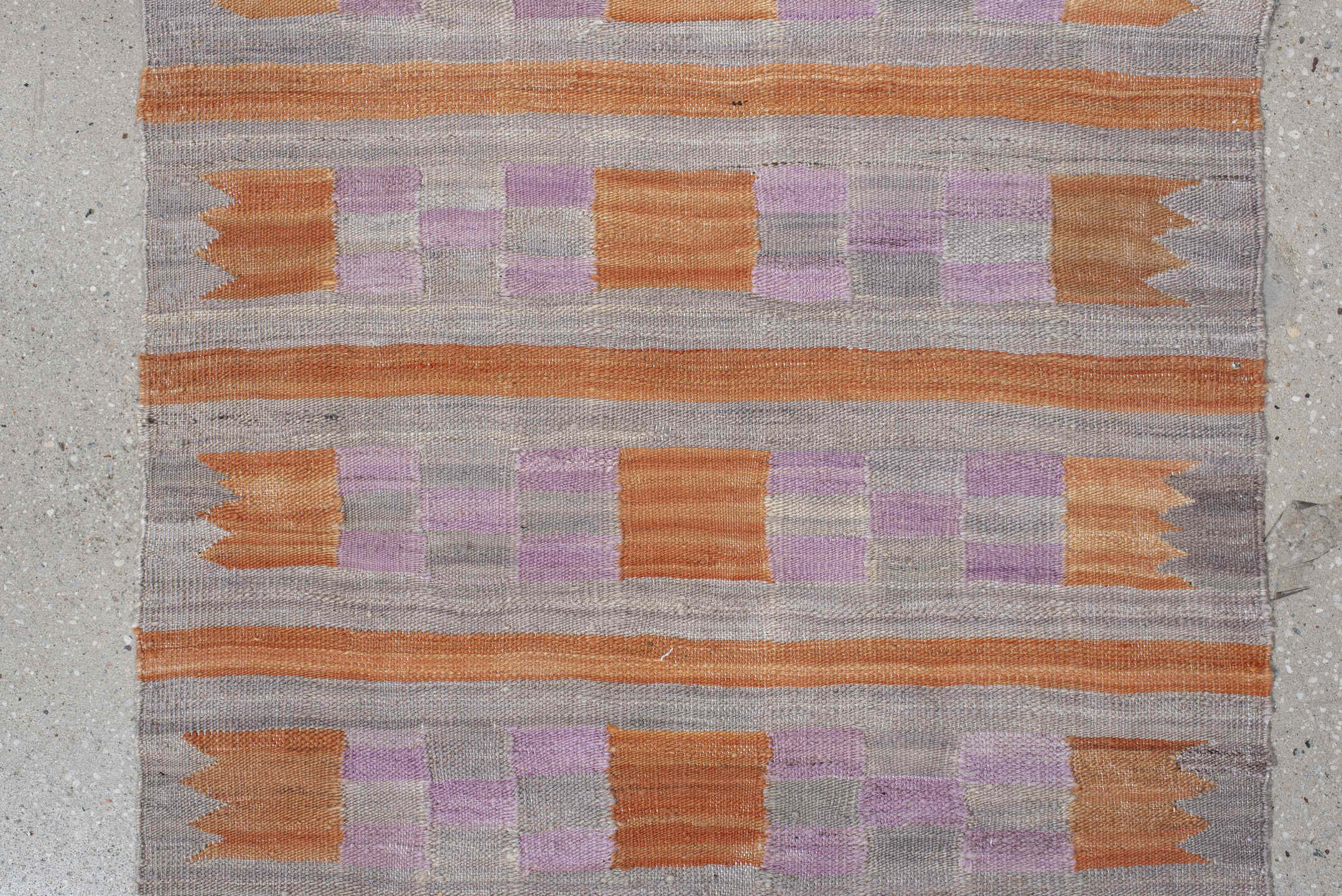 2' x 9' one-of-a-kind handmade vintage Kilim runner rug. Color palette: brown, gray, light gray, off-white, pink