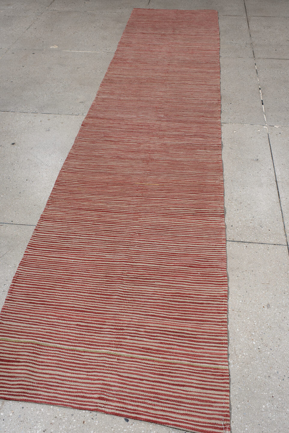 2' x 12' one-of-a-kind handmade vintage Kilim runner rug. Color palette: rust, ivory, terracotta, brown