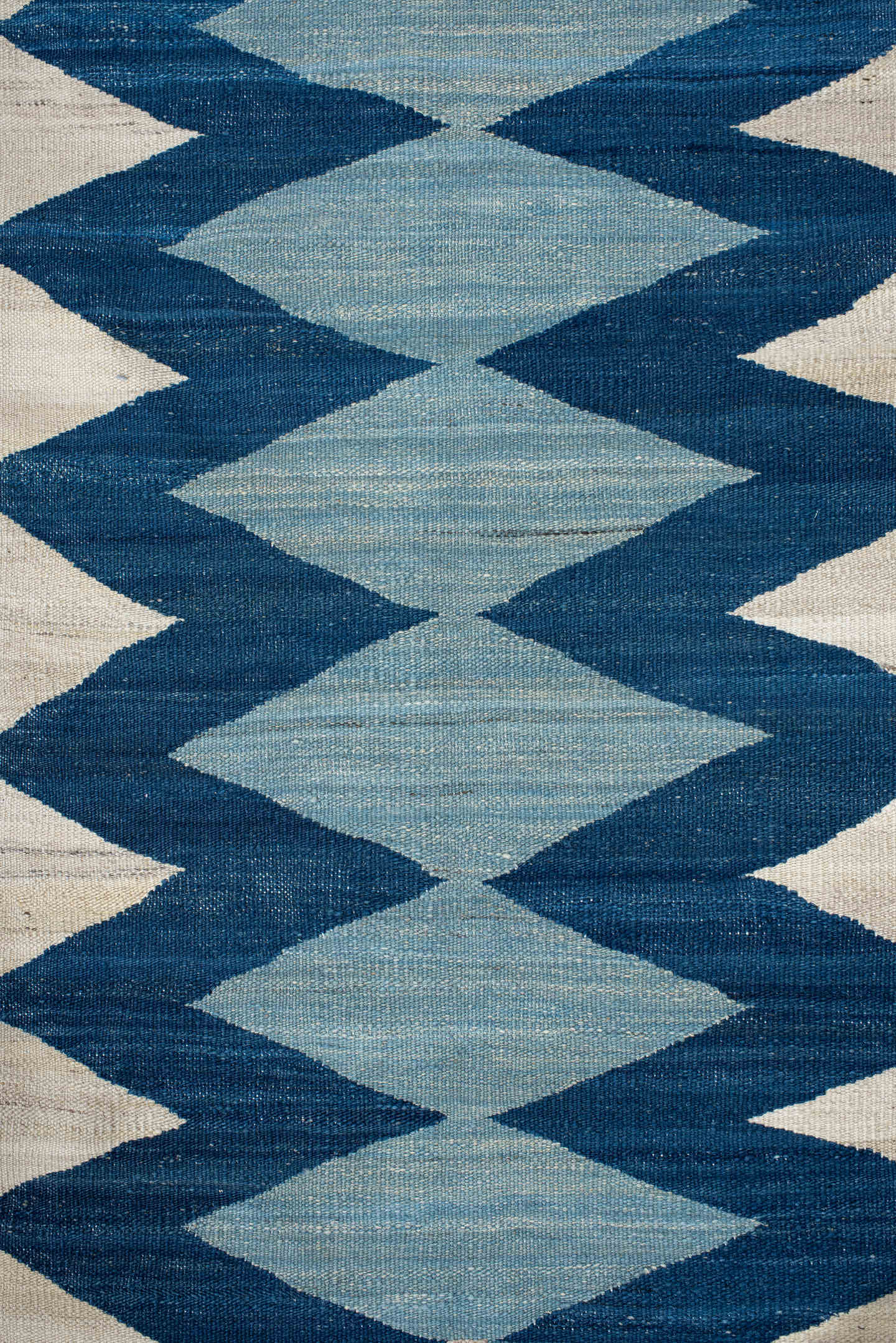 2' x 6' one-of-a-kind handmade vintage Kilim runner rug. Color palette: ivory, indigo, sky blue, teal, camel, rust, purple