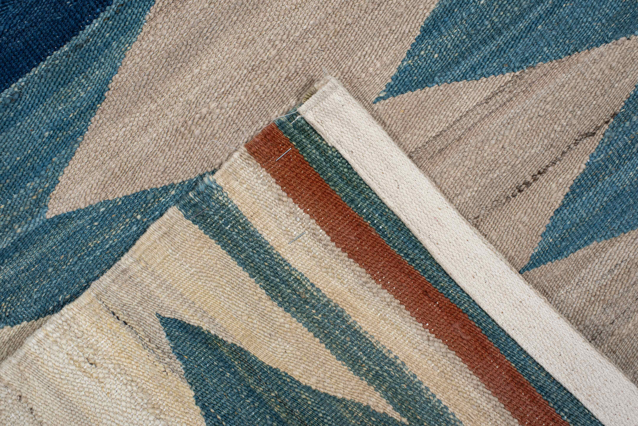 2' x 6' one-of-a-kind handmade vintage Kilim runner rug. Color palette: arapawa, blue, gray, light blue, light gray