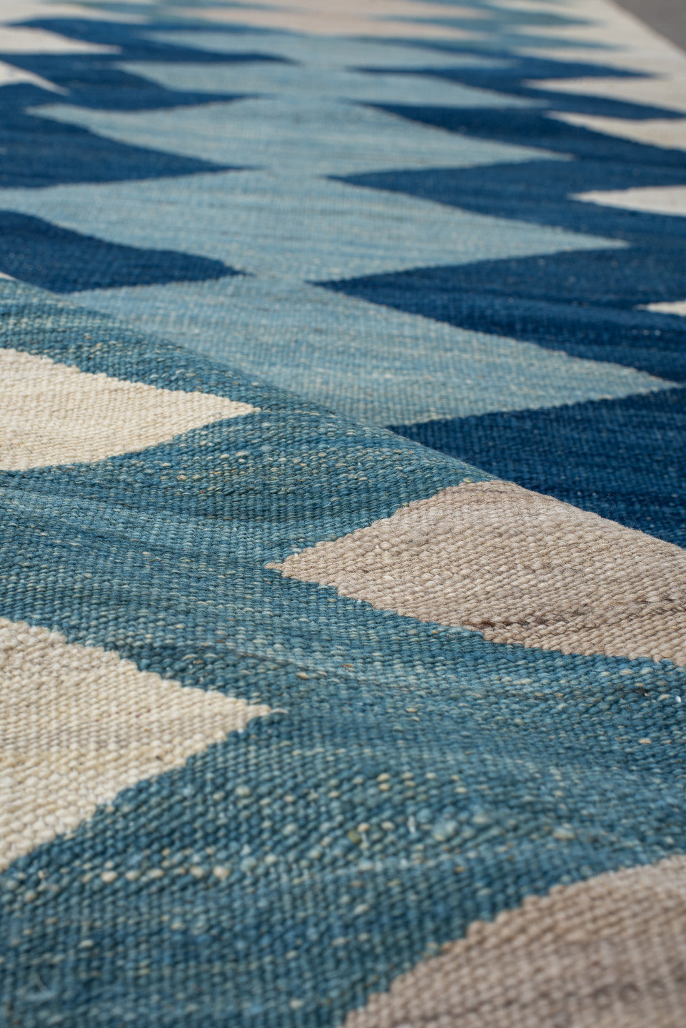 2' x 6' one-of-a-kind handmade vintage Kilim runner rug. Color palette: arapawa, blue, gray, light blue, light gray