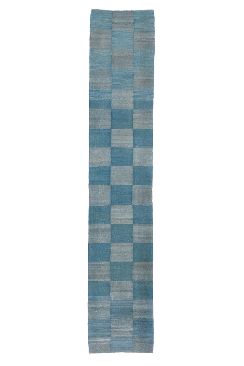 2' x 15' one-of-a-kind handmade vintage Kilim runner rug. Color palette: blue, gray, light blue, light gray