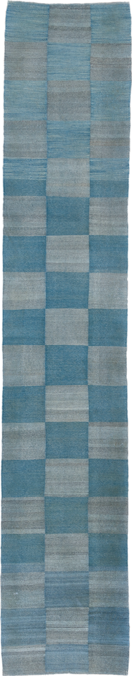 2' x 15' one-of-a-kind handmade vintage Kilim runner rug. Color palette: sky blue, slate, powder blue, steel blue, gray