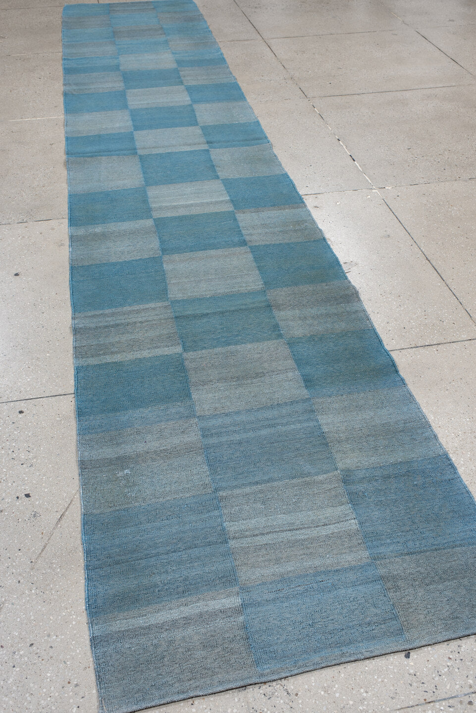 2' x 15' one-of-a-kind handmade vintage Kilim runner rug. Color palette: sky blue, slate, powder blue, steel blue, gray