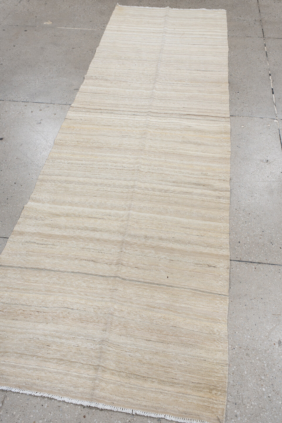 2' x 9' one-of-a-kind handmade vintage Kilim runner rug. Color palette: ivory, cream, beige, taupe, sand, light gray, gray