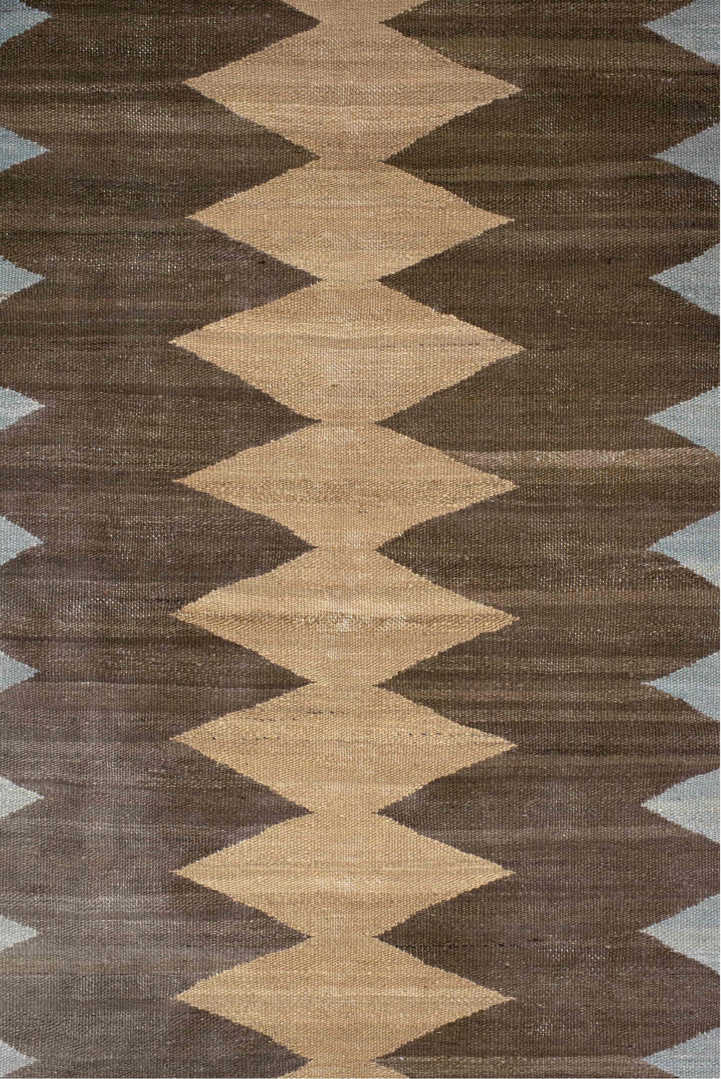 2' x 10' one-of-a-kind handmade vintage Kilim runner rug. Color palette: brown, pale blue, camel, ivory, taupe, light blue