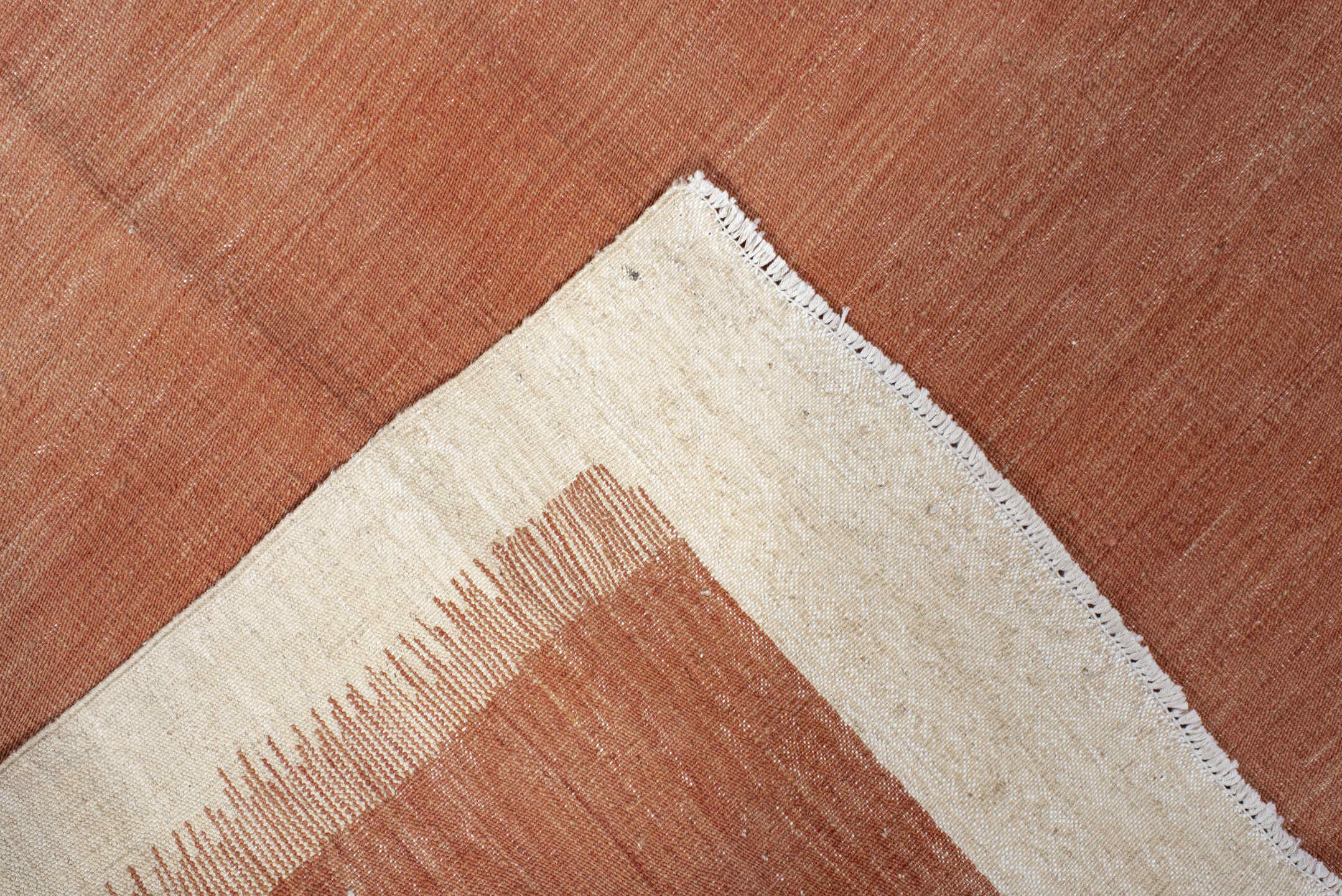 2' x 10' one-of-a-kind handmade vintage Kilim runner rug. Color palette: terra cotta, ivory, rose, camel, terracotta, brown