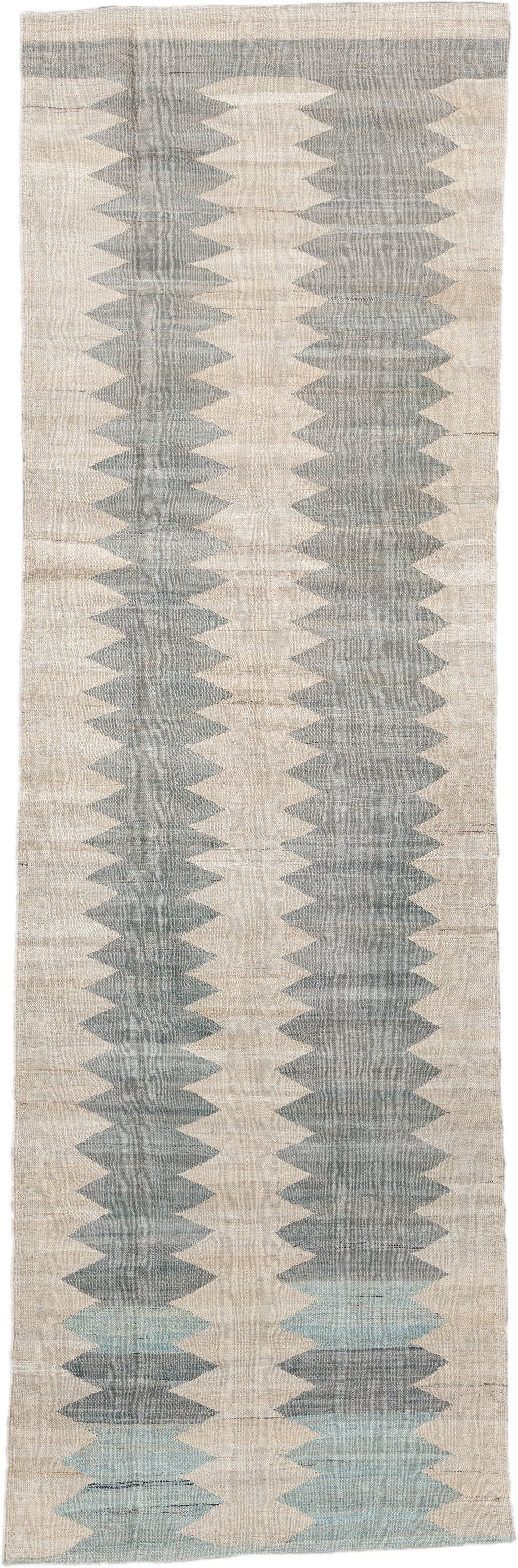 3' x 9' one-of-a-kind handmade vintage Kilim runner rug. Color palette: ivory, gray, pale blue, cream, light blue
