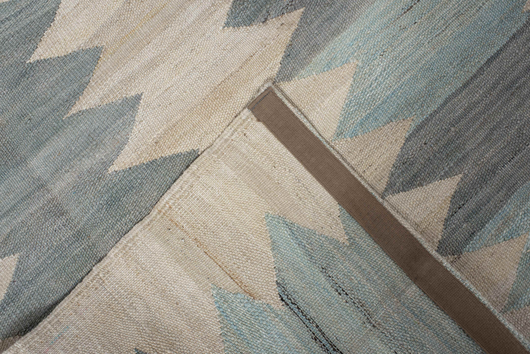 3' x 9' one-of-a-kind handmade vintage Kilim runner rug. Color palette: blue, dark gray, dim gray, gray, light gray