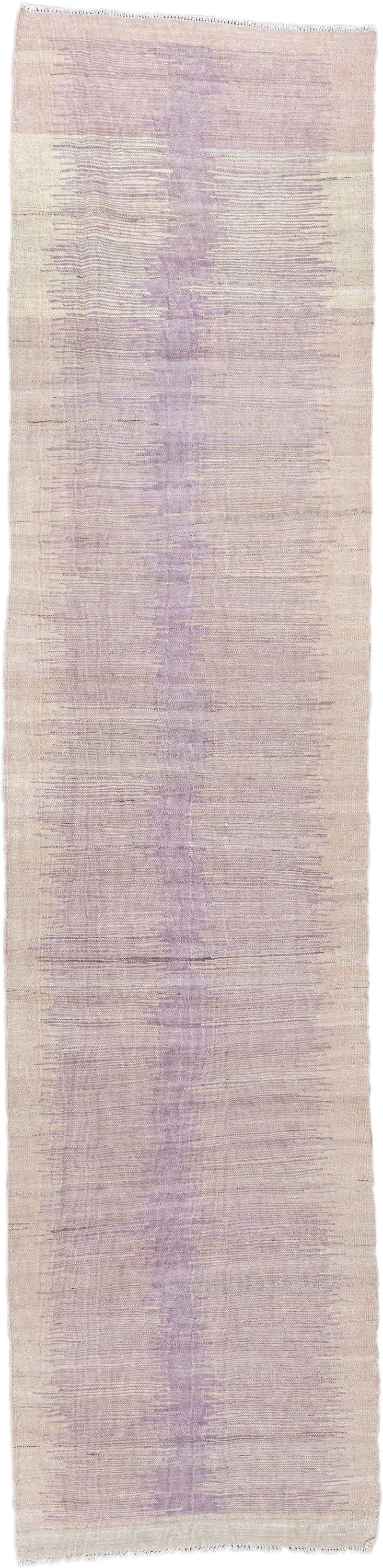 3' x 12' one-of-a-kind handmade vintage Kilim runner rug. Color palette: ivory, lavender, blush, rose, cream, light gray