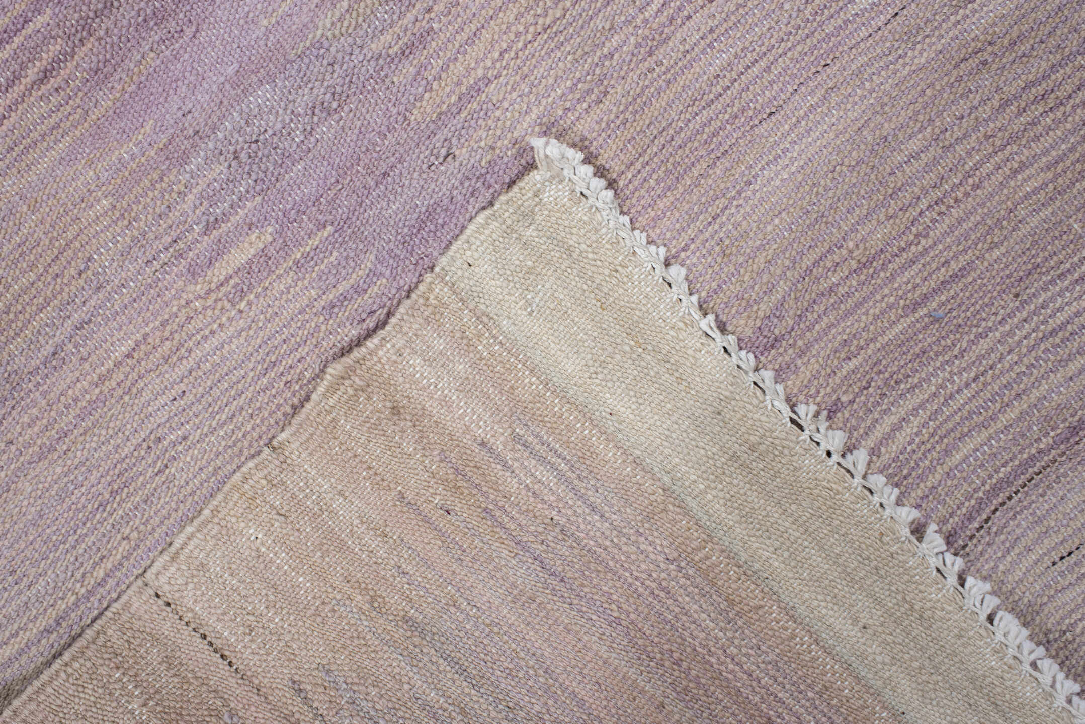 3' x 12' one-of-a-kind handmade vintage Kilim runner rug. Color palette: ivory, lavender, blush, rose, cream, light gray