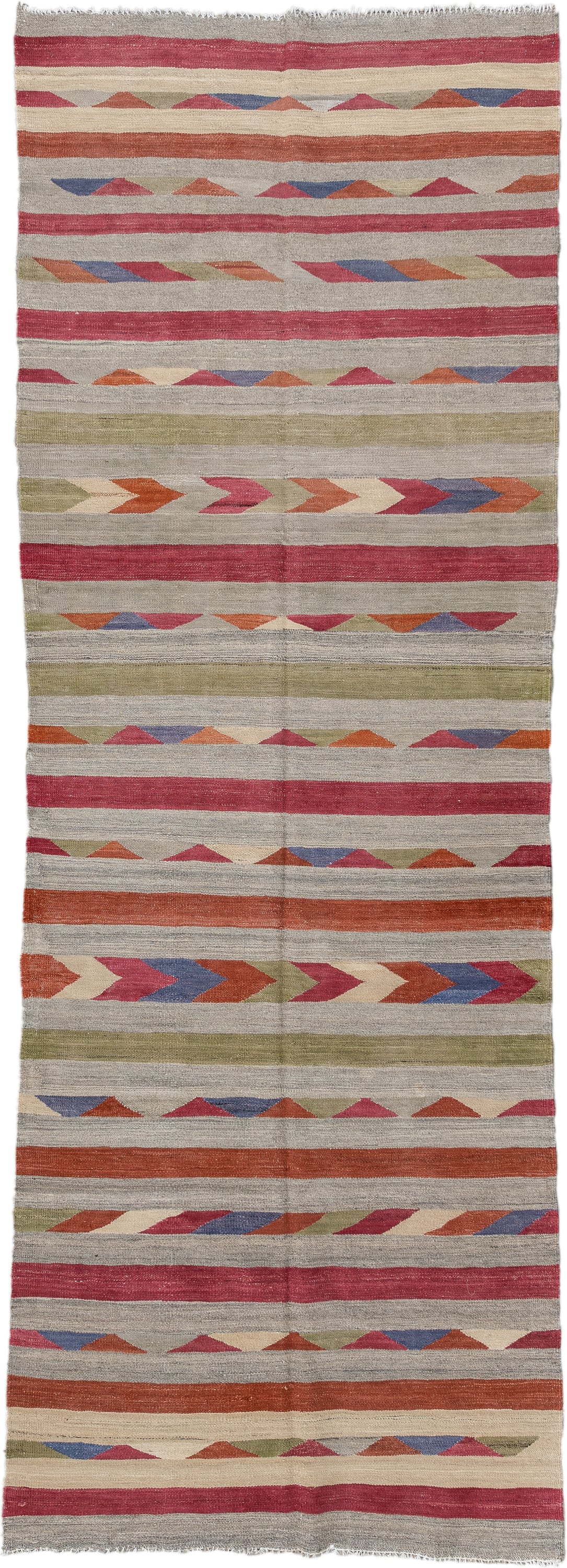 3' x 9' one-of-a-kind handmade vintage Kilim runner rug. Color palette: ivory, rose, rust, olive, blue, taupe, pink, red