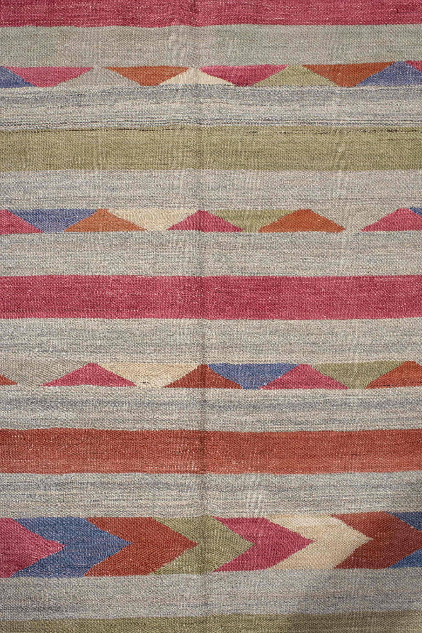 3' x 9' one-of-a-kind handmade vintage Kilim runner rug. Color palette: ivory, rose, rust, olive, blue, taupe, pink, red