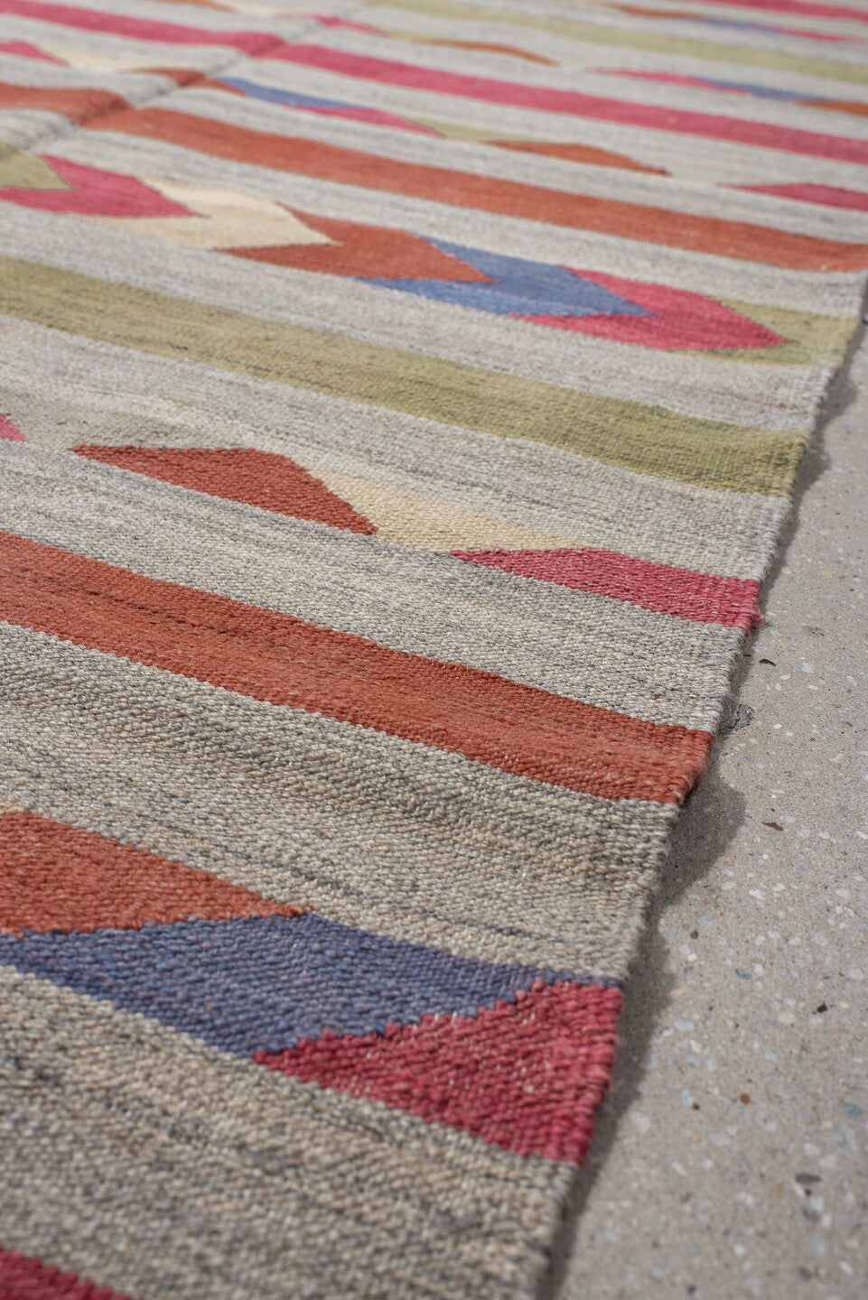 3' x 9' one-of-a-kind handmade vintage Kilim runner rug. Color palette: blue, brown, gray, light gray, off-white, pink, red