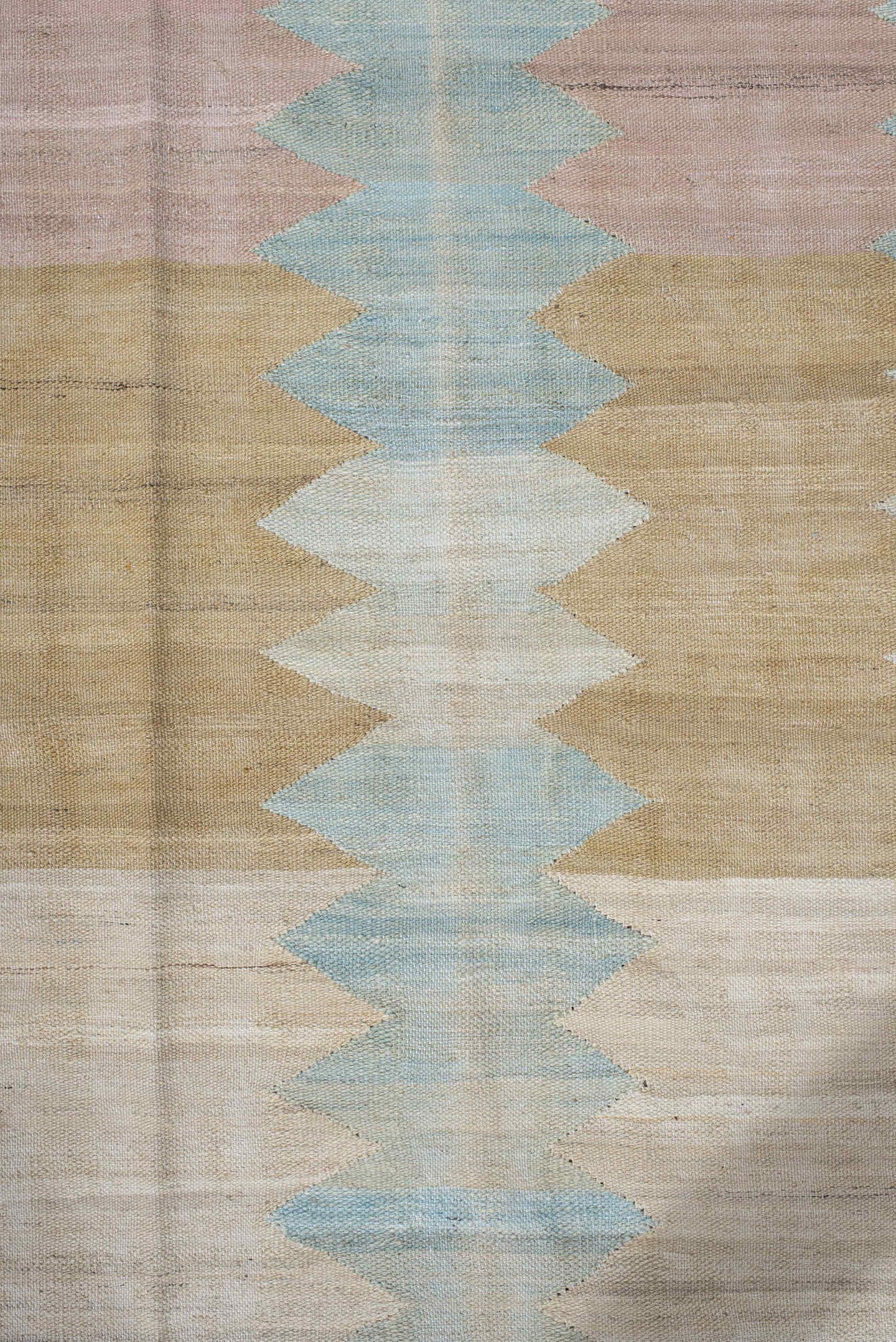 3' x 9' one-of-a-kind handmade vintage Kilim runner rug. Color palette: ivory, pale blue, blush, gold, cream, light blue