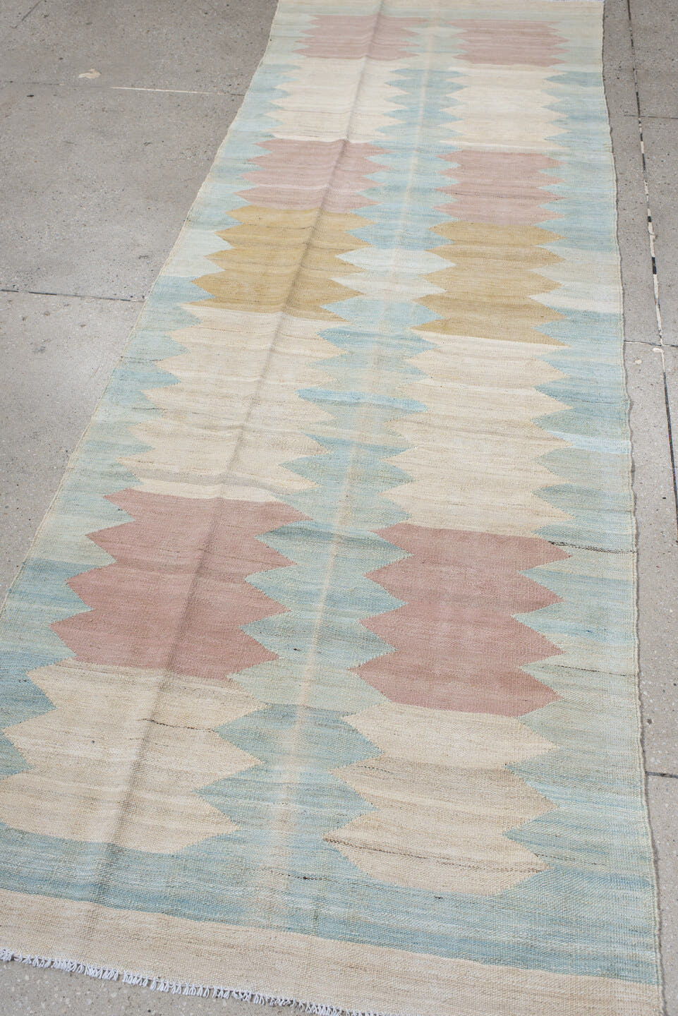 3' x 9' one-of-a-kind handmade vintage Kilim runner rug. Color palette: ivory, pale blue, blush, gold, cream, light blue