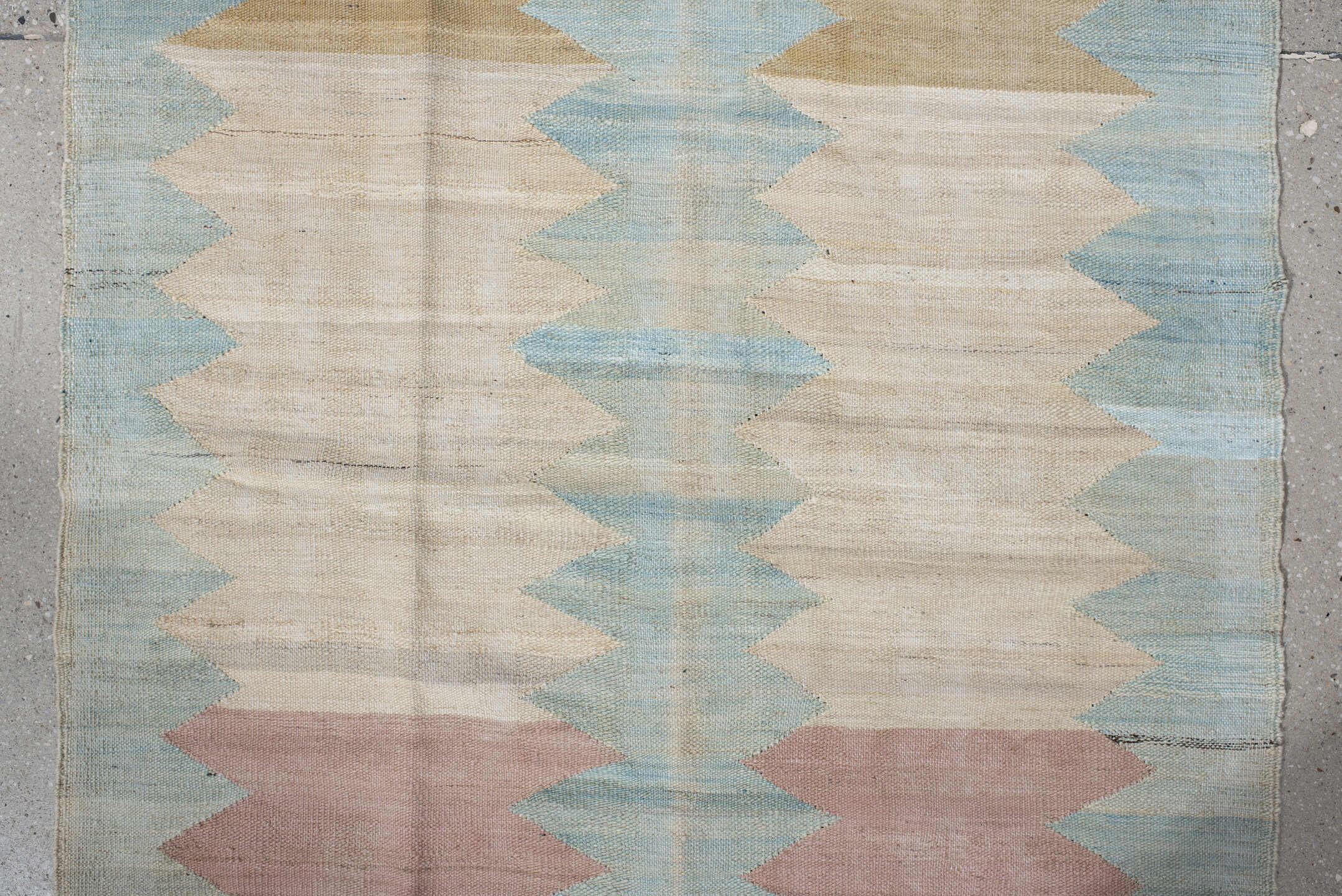 3' x 9' one-of-a-kind handmade vintage Kilim runner rug. Color palette: ivory, pale blue, blush, gold, cream, light blue