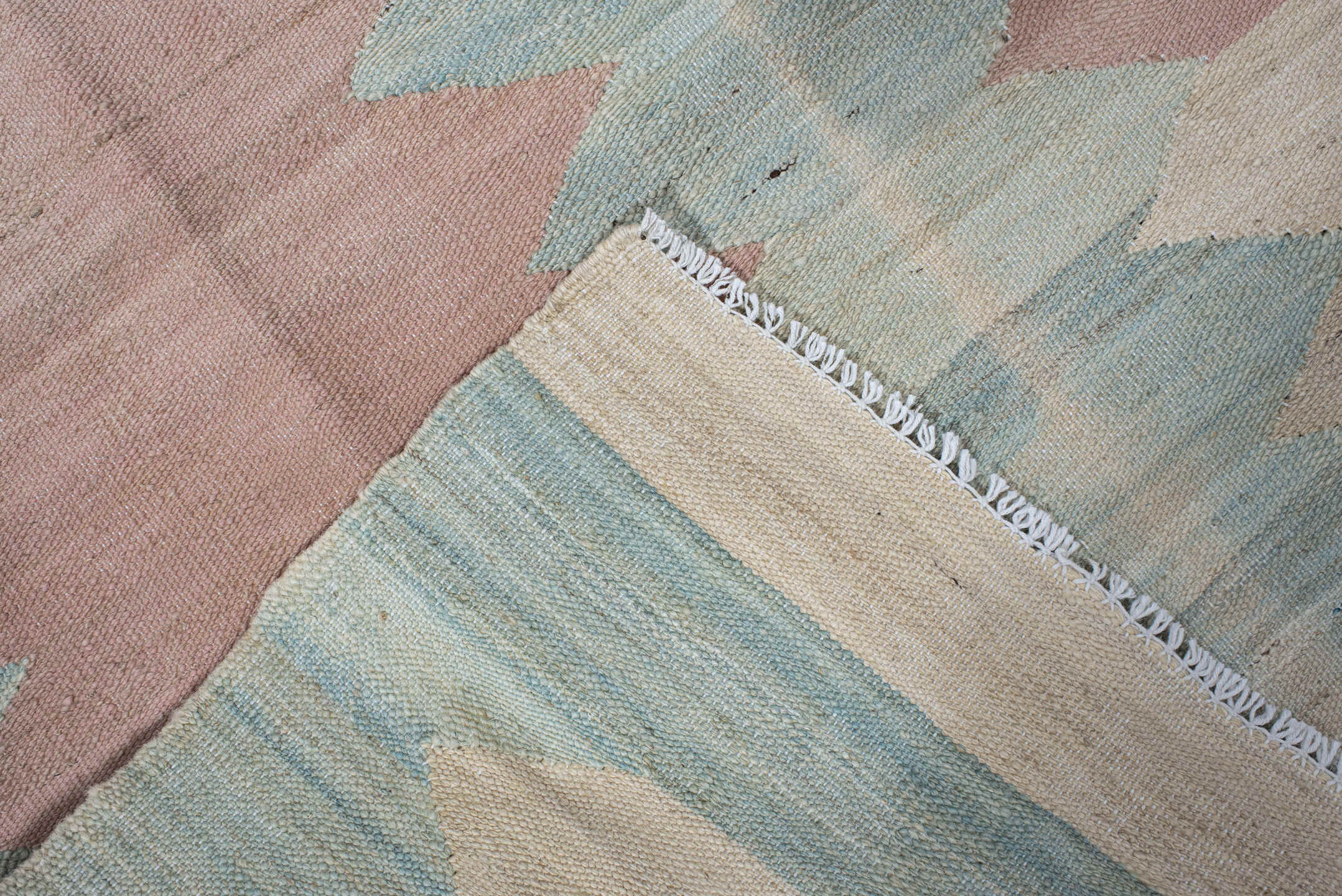 3' x 9' one-of-a-kind handmade vintage Kilim runner rug. Color palette: ivory, pale blue, blush, gold, cream, light blue