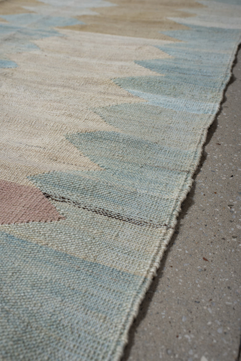 3' x 9' one-of-a-kind handmade vintage Kilim runner rug. Color palette: ivory, pale blue, blush, gold, cream, light blue