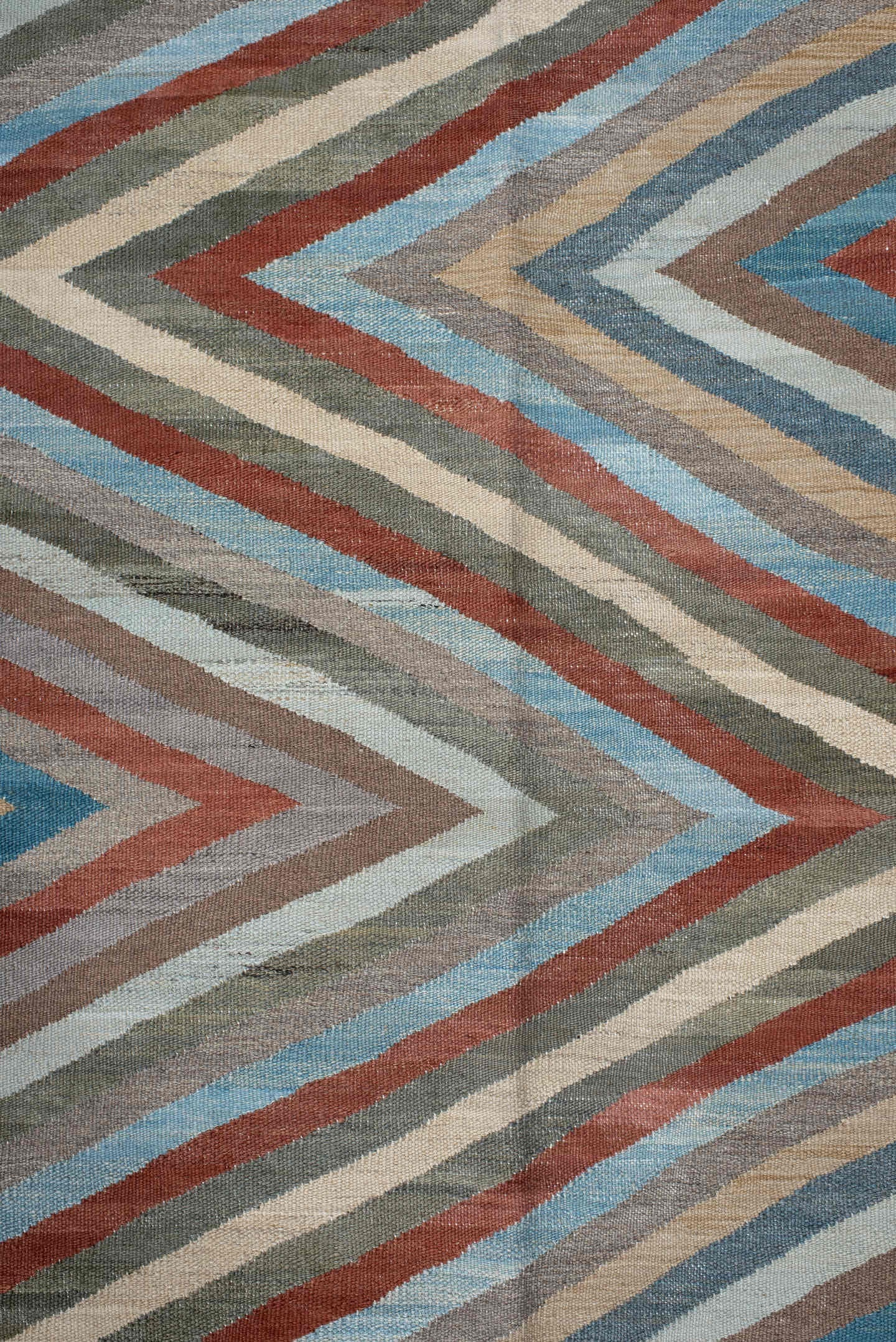 3' x 9' one-of-a-kind handmade vintage Kilim runner rug. Color palette: gray, rust, sky_blue, ivory, taupe, sage, sand