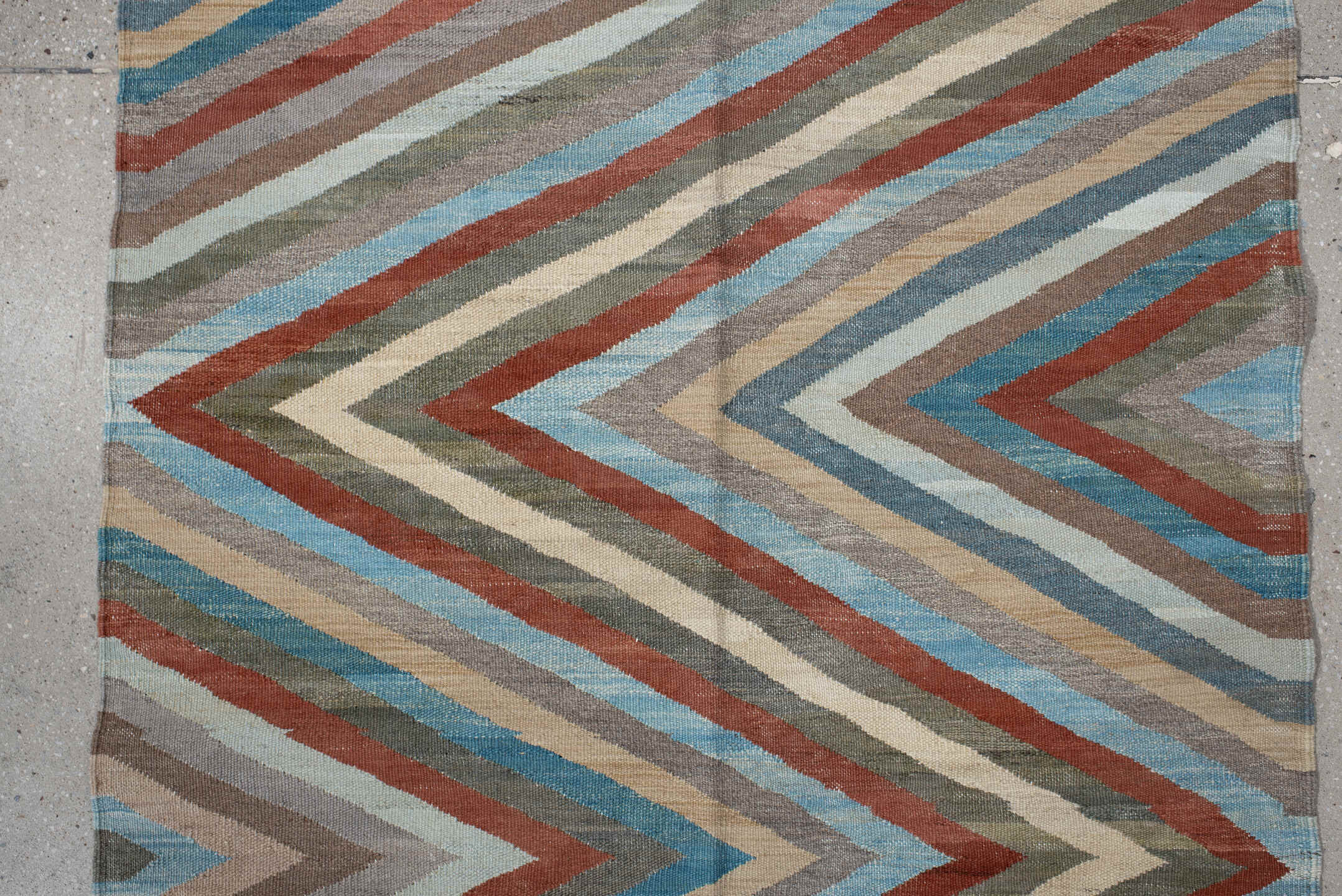 3' x 9' one-of-a-kind handmade vintage Kilim runner rug. Color palette: gray, rust, sky_blue, ivory, taupe, sage, sand